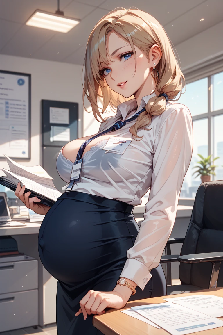 lissa, 1girll, 独奏, ((white shirt)), black thighhigns,Large breasts,, 校服, office backdrop, a black skirt, pleatedskirt, office room, hair between eye,,big cleavage breasts, long whitr hair, looking at viewert, silver short nails, Gray eye, 独奏, upper legs, upper legs, long whitr hair, ((tmasterpiece)), Sat down, a chair, desks, Computer on the desk, name badge, ID tags, inside in room, Be red in the face, sexyposture, hand behind ack,Pregnant belly,Pregnant belly,Gorgeous Hair in Long Purple,Gorgeous Hair in Long Purple