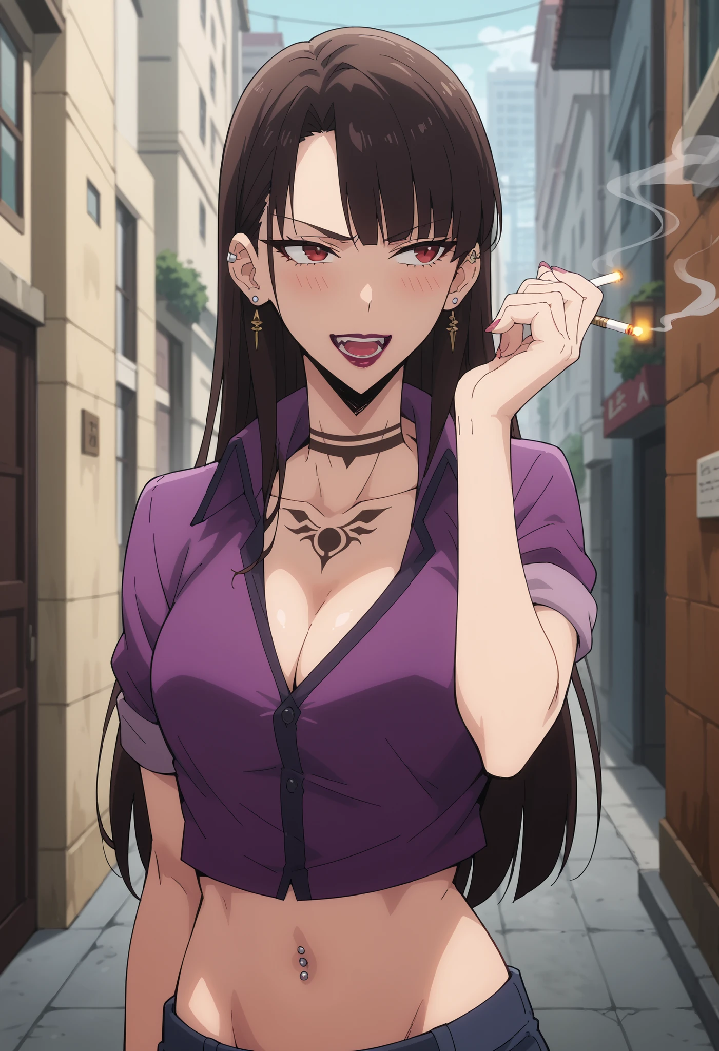 score_9,score_8_up,score_7_up,score_6_up, source_anime, girl, dynamic pose,  long hair, brown hair, sidelocks, bangs, red eyes,  violet shirt, high collar, rolled-up sleeves,  , modern city, alley, skyscraper,ear piercing, long hair, blush, lipstick,Hot girl, baddie, smoking, sensual, attractive, navel, bellybutton, exposed navel, exposed bellybutton, smile, cleavage, open mouth, waist dragon tattoo, narrowed eyes, tattoo waist, anipai_style , anime screencap , anime coloring ,,Solo Leveling Anime Style, navel piercing