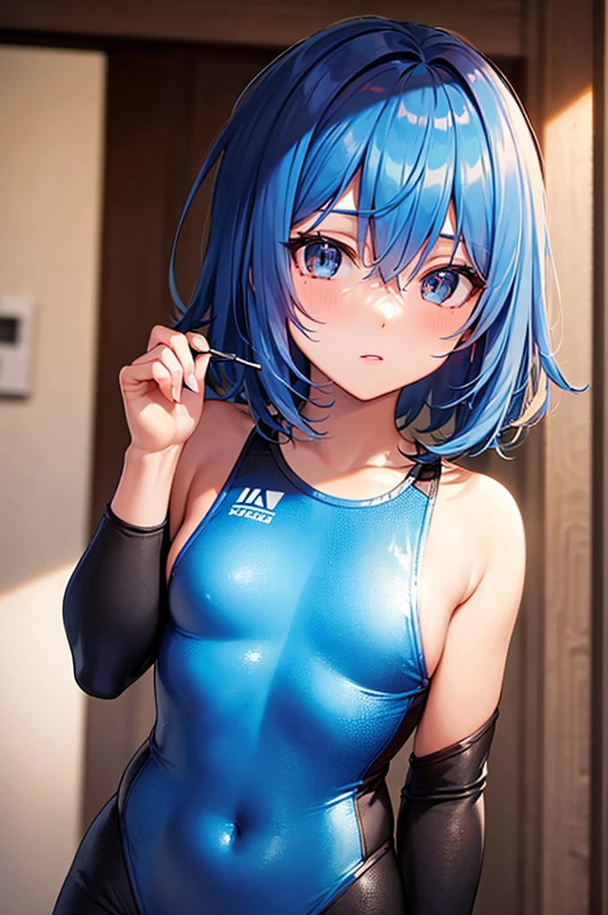 intrincate details: "(a video game character in an anime style has big blue eyes and blue hair, 1girl, blue hair, breasts, beak of pocky animal ears, looking at viewer, blue eyes, short hair, armor)"