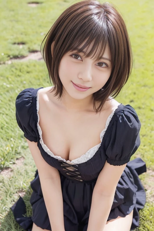 (Highest quality, masterpiece:1.3, Ultra-high resolution), (Very detailed), (Realistic:1.4, RAW shooting), Very detailed,High resolution 16k, Human skin close-up, The skin texture is natural, It must be detailed enough to be easily identifiable, Skin should look healthy and have an even tone, Use natural light and color, ((Pink open neck shirt:1.4, slouch, Breast flash)), ((the body is slim)), girl, 18-year-old, cute, Straight Long Hair, Big Breasts, smile, Turn your body forward, (View from the front:1.1), Looking into the camera, focused on the chest, Light brown hair, ((Black Choker)), Very long and bushy eyelashes, blue eyes, bangs, ((Beef on a tray:1.4)), Big Breasts, Red lips, ,Happy expression, smile, Mountain、blue sky, camp site, summer
