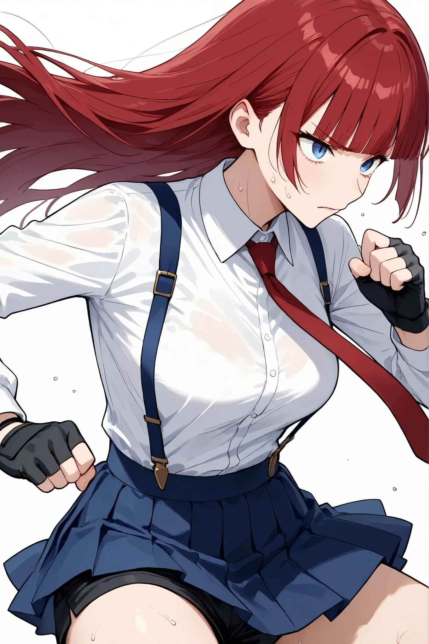 1girl , action、fight、Combat Stance、 black shorts in skirt、from side, Slender Woman、 slim woman 、 medium breasts、cowboy shot,heroine with red hair、blue suspenders, blue Pleated Miniskirt,white Long sleeve white blouse,black fingerless gloves,Red tie,,Straight hair,Long hair ,Red Hair, blunt bangs,Tall and mature woman. Sharp Eyes, blue eyes, white background、Serious、anxiety、sweat、nervous、