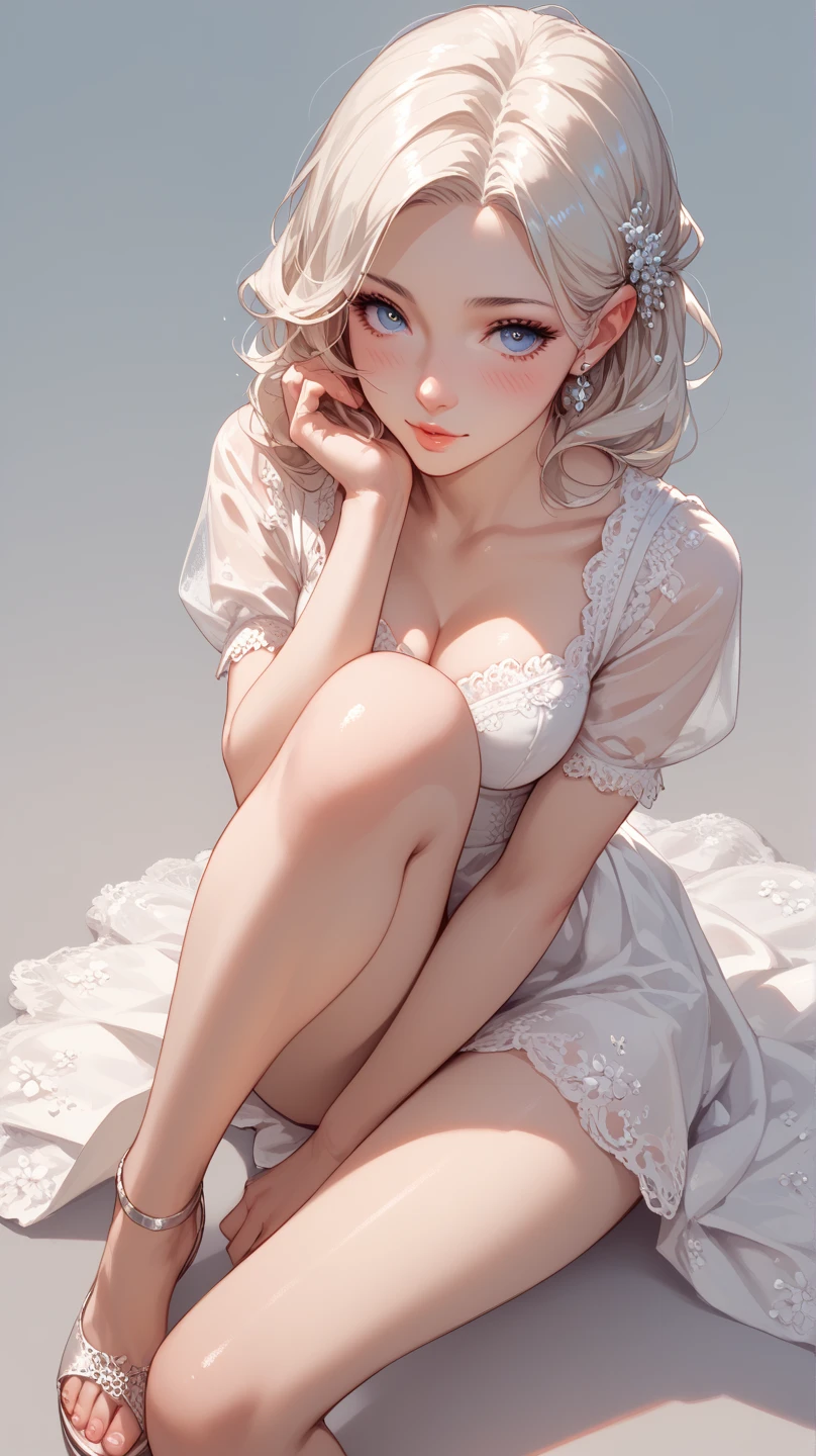 (kawaii background:1.3), (extremely detailed fine touch:1.3), (hard light, studio light, light rays, dappled light, reflection, shadows, ray tracing:1.0), ///,
1girl, white blonde short hair, full body, sky, cloud, flower, glass shoes, (clover:1.3), (sitting;:1.3), (masterpiece:1.3), (best quality:1.3), 1girl