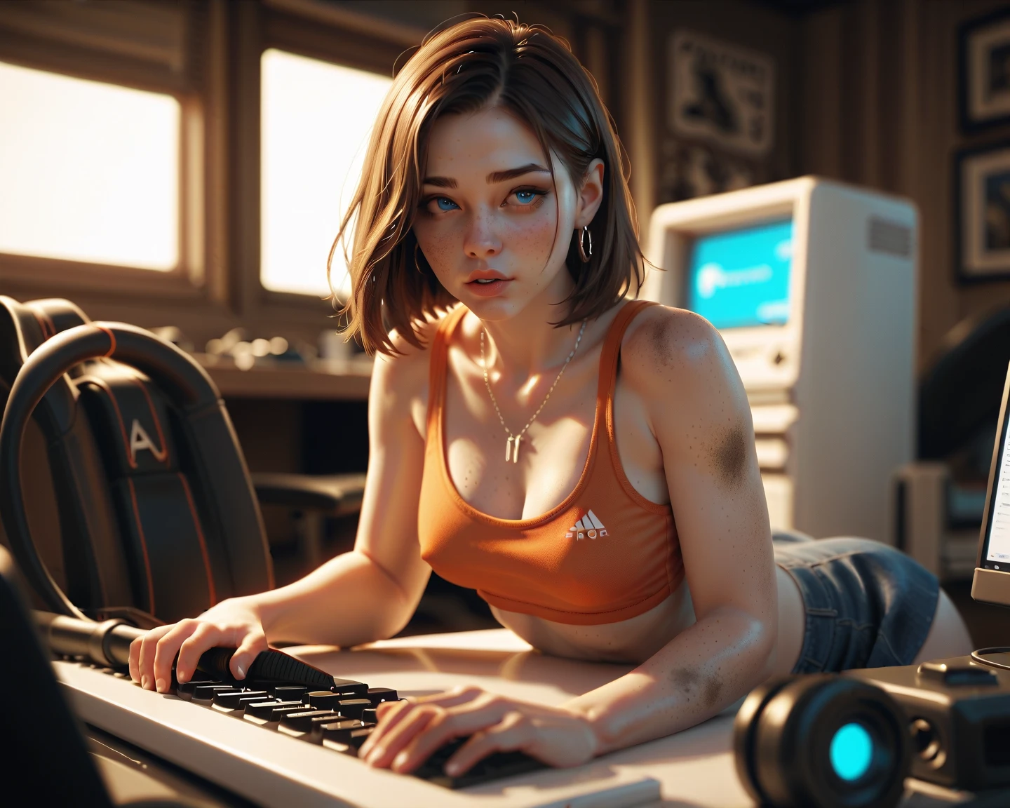 fotorealistisch, 8k ultra detailliert, Gamer Girl , tan skin, gorgeous face, Stunning body, Micro-Minirock, Shiny crop top, Shows back, riesiger arsch, im gaming zimmer