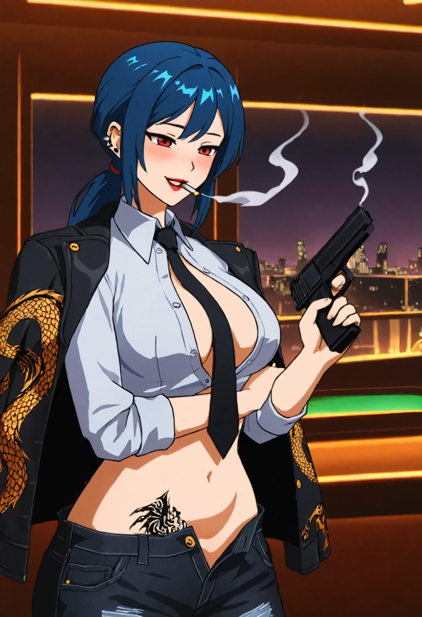 seolin, breasts, blue hair, red eyes, long hair, low ponytail,
seolin, breasts, blue hair, red eyes, long hair, low ponytail, black necktie, black jacket, jacket on shoulders,,,, ear piercing, long hair, blush, lipstick,Hot girl, baddie, smoking, sensual, attractive ,bar
background, inside bar,indoors, cityscape, casino, nightclub, city lights, masterpiece,high
quality,4k,belly,,holding pistol,cleavage, ,unbuttoned shirt, collared shirt, knot, smile, open
mouth, (nsfw) not safe for work, evil expression,belly, exposed navel, exposed midriff,
exposed lower belly,dragon print jacket, unbuttoned jeans , low rise black jeans, Low rise
jeans with open fly, waist dragon tattoo, narrowed eyes, tattoo waist, anipai_style , anime screencap , anime coloring