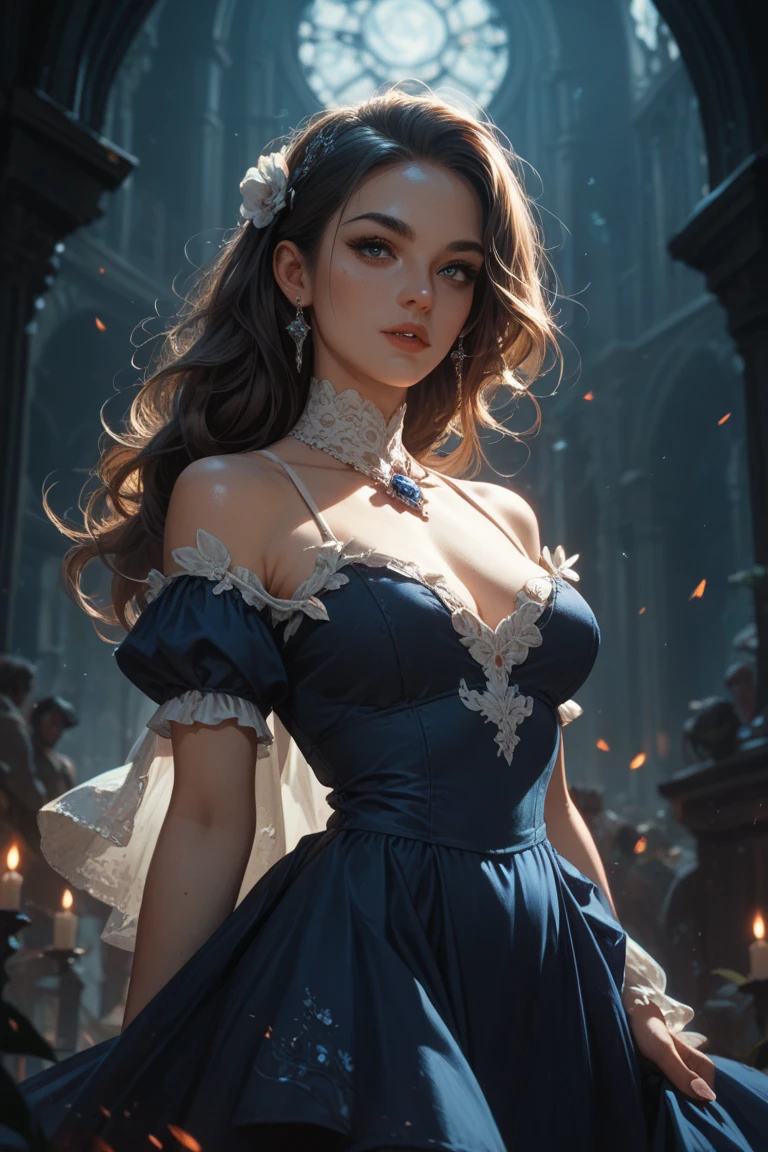 a beautiful young lady, wearing a long evening tight gown, long hand glove, beautiful hair, front pictures, 8k, highest quality, long hair, anime vision, fantasy, curve body, sparkling jewelry,