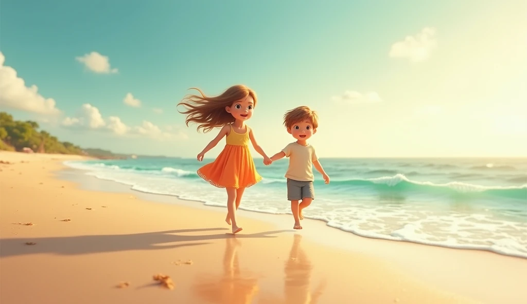 detailed boy and girl at beach, enjoying the sun, sandy beach, blue ocean waves, palm trees, summer vacation, beautiful sky, warm lighting, photorealistic, cinematic lighting, vibrant colors, 8k, (best quality,4k,8k,highres,masterpiece:1.2),ultra-detailed,(realistic,photorealistic,photo-realistic:1.37)