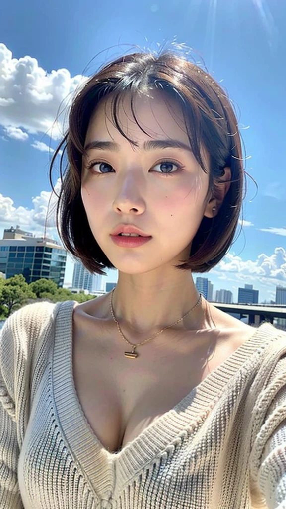 (highest quality, 8K, super masterpiece:1.3))、one girl、One-piece clothes、sitting on the bench、The background is the seaside