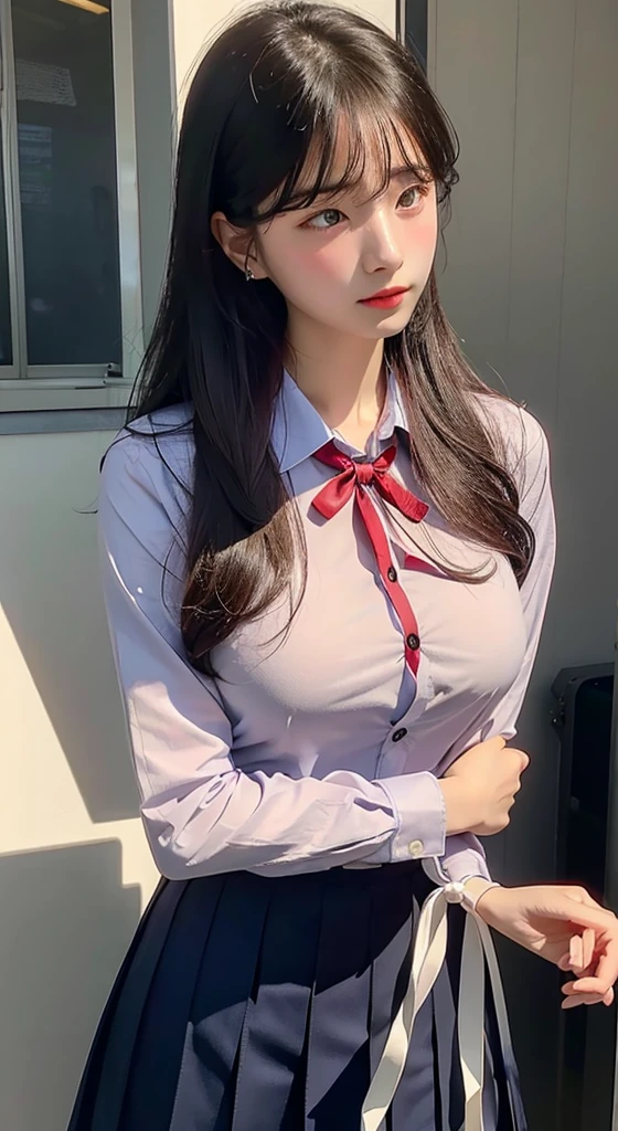 Japan girl, 20 year old girl, wavy little long hair, black hair, brown eyes, perfect figure, transparency, luster, luster, modest breasts, thin waist, school uniform, navy blue tie, navy blue skirt, light blue shirt, pink underwear, gravure idol, classroom chair, sitting, hands on crotch, skirt flipped up pink panties visible