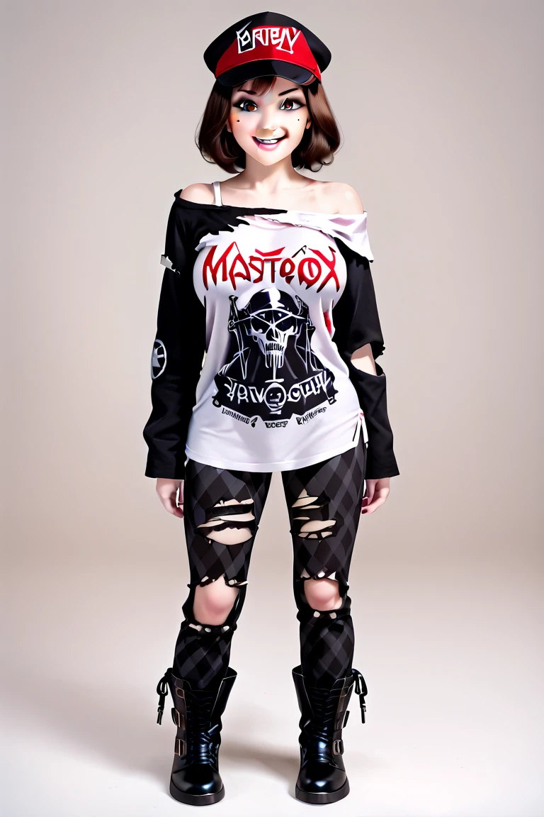 ultra-detigned,high quality, best quality, masterpiece, (masterpiece, detailed:1.2),high resolution, highly detailed, finely detailed, sharp focus, clean lines, crisp details
masterpiece_portrait, high quality,Punk Aesthetic, Rebellious Attitude, Punk Fashion Details,(full body:1.5),Edgy Accessories, beyblade:v-force, queen /(beyblade/), (1girl:1.5),white-skinned female,fair skin,black hair, short hair, flipped hair,solo, mole under eye,brown eyes, midium breasts,fliped back hair,(punk clothing:1.1),(punk fashion),(torn clothes:1.1),(Loose clothing shirt:1.4),(tucked out tops:1.5),(untucked shirt:1.4),(tuck out),(Tops are shirt only:1.4),(White oversized long sleeve torn designed shirt with red anarchy symbol on the front:1.4),(torn shirt:1.4),(long sleeve:1.5),(sleeves past fingers:1.2),(off-shoulder shirt:1.2),(hip Length:1.5),(brown newsboy cap:1.2),(red black two-tone checked pattern bondage pants:1.3), black army boots,evil smile,