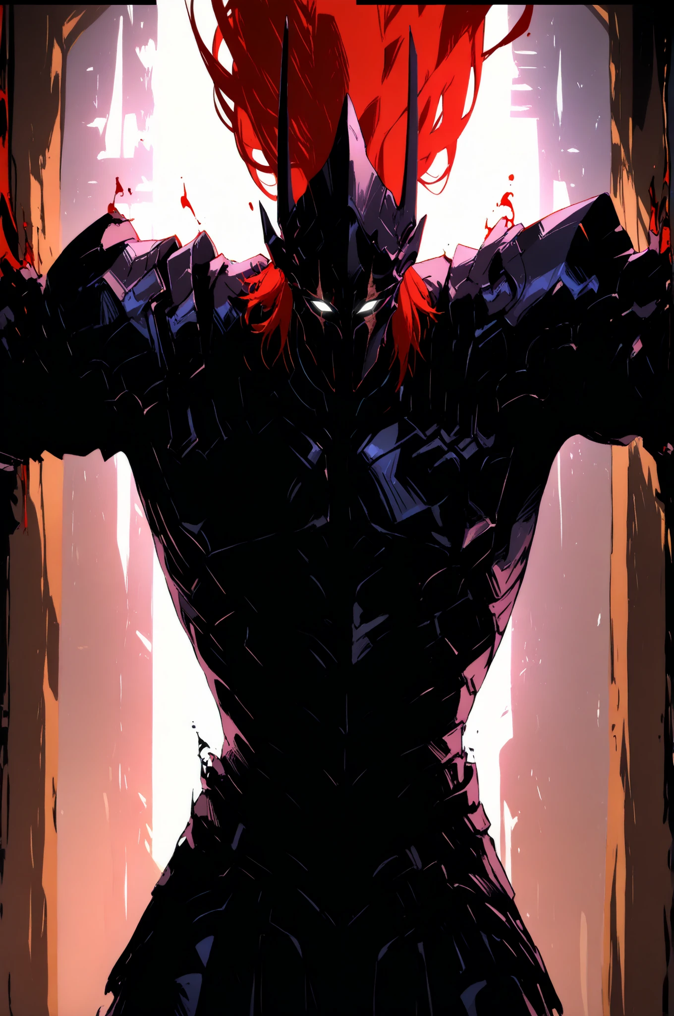 {{portrait, dutch angle}} {{Artist: Sincos}} 1male, solo, toned male, red hair, flowing hair, long hair, red eyes, lips, black sci-fi armour with, black cape, angry, outdoors, city, looking at viewer, standing, fog, modern day, superhero day, blood on face