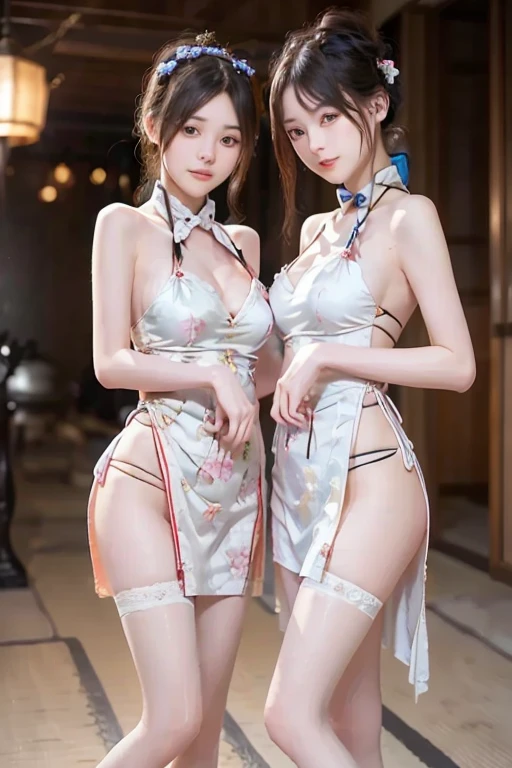 (msterpiece:1.3), (8k, RAW photo, best quality: 1.4), beautiful face, beautiful hairstyle, beautiful detailed eyes, beautiful skin, absurdres, attractive, ultra high res, highly detailed,NSFW, 2 girls in abandoned underground basement, big breast,facial close up,necklace,arms behind back,evil smile,knife,vaginal insertion,light long hair, ultra detailed skin,Heavy makeup, flower hairpin, naked,colorful patterned lace dress, dirty ground,on a rock,bondage,dirty rock,half body,spread legs, exposed pussy,
