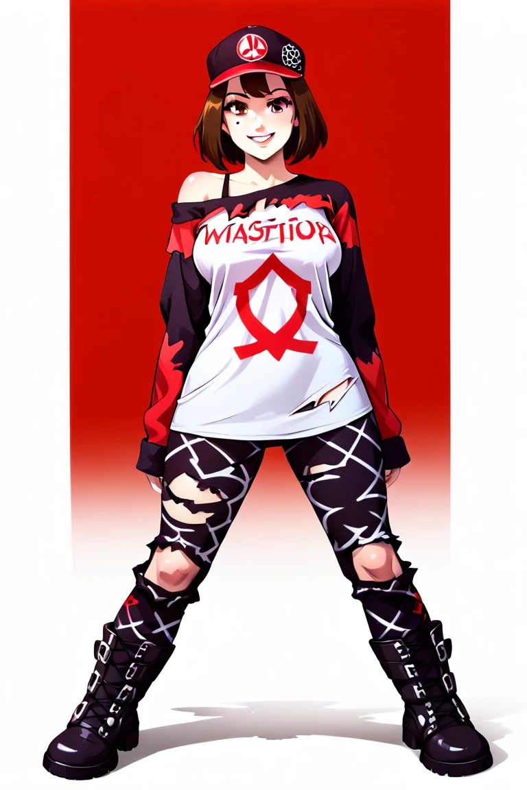 ultra-detigned,high quality, best quality, masterpiece, (masterpiece, detailed:1.2),high resolution, highly detailed, finely detailed, sharp focus, clean lines, crisp details
masterpiece_portrait, high quality,Punk Aesthetic, Rebellious Attitude, Punk Fashion Details,(full body:1.5),Edgy Accessories, beyblade:v-force, queen /(beyblade/), (1girl:1.5),white-skinned female,fair skin,black hair, short hair, flipped hair,solo, mole under eye,brown eyes, midium breasts,fliped back hair,(punk clothing:1.1),(punk fashion),(torn clothes:1.1),(Loose clothing shirt:1.4),(tucked out tops:1.5),(untucked shirt:1.4),(tuck out),(Tops are shirt only:1.4),(White oversized long sleeve torn designed shirt with red anarchy symbol on the front:1.4),(torn shirt:1.4),(long sleeve:1.5),(sleeves past fingers:1.2),(off-shoulder shirt:1.2),(hip Length:1.5),(brown newsboy cap:1.2),(red black two-tone checked pattern bondage pants:1.3), black army boots,evil smile,