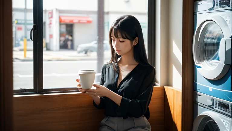 ((best quality)), ((masterpiece)), (detailed),(Realistic),(lifelike),(Lots of detail),An adult sitting by the window in a coffee shop,Floor-to-ceiling windows,Leather seats,The table is covered with a lace tablecloth,Notebook on the table,Next to it is a coaster,Female hand holding steaming coffee,Looks like he's about to drink it,It was raining outside the window,Raindrops hitting the window,Outside the window is the city street at night,A taxi passed by in the rain,A few pedestrians appeared on both sides of the road,The building opposite has lights on,The lights are shining,Very cozy atmosphere,