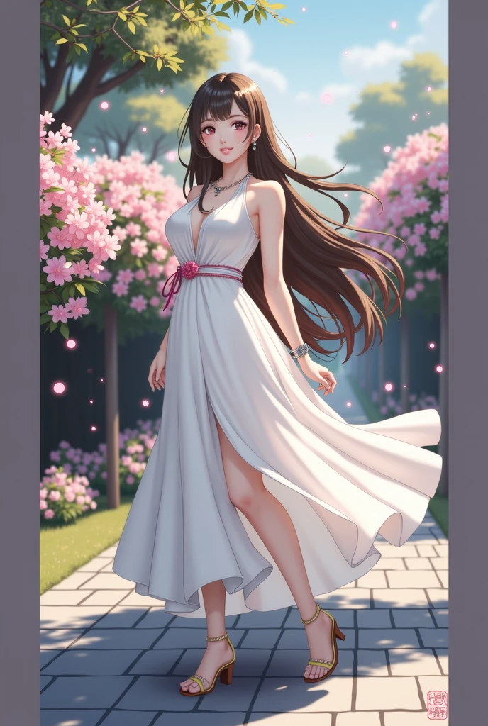 (masterpiece、Highest quality、8k、High resolution)、(One female、Beautiful Face、Beautiful eyes、Beautiful lips、Beautiful nose)、smile、The white upper teeth are faintly visible、Brown-black hair、(The best girl in anime)、garden、blue sky、Colorful flowers are blooming、Vibrant colors、Red roses are beautiful、(Body、whole bodyから神秘的な光の粒子、Colorful light particles、A mysterious light glowing around the head)、melt、jewelry、necklace、dress、(whole body)、Highly detailed anime art、A complete portrayal、