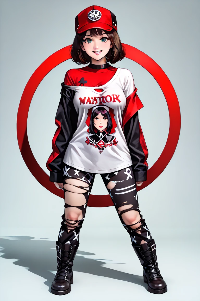 ultra-detigned,high quality, best quality, masterpiece, (masterpiece, detailed:1.2),high resolution, highly detailed, finely detailed, sharp focus, clean lines, crisp details
masterpiece_portrait, high quality,(anime style:1.5), Aesthetic, Rebellious Attitude, Punk Fashion Details,(full body:1.5),Edgy Accessories, beyblade:v-force, queen /(beyblade/), (1girl:1.5),white-skinned female,fair skin,black hair, short hair, flipped hair,solo, mole under eye,brown eyes, midium breasts,fliped back hair,(punk clothing:1.1),(punk fashion),(torn clothes:1.1),(Loose clothing shirt:1.4),(tucked out tops:1.5),(untucked shirt:1.4),(tuck out),(Tops are shirt only:1.4),(White oversized long sleeve torn designed shirt with red anarchy symbol on the front:1.4),(torn shirt:1.4),(long sleeve:1.5),(sleeves past fingers:1.2),(off-shoulder shirt:1.2),(hip Length:1.5),(brown newsboy cap:1.2),(red black two-tone checked pattern bondage pants:1.3), black army boots,evil smile,