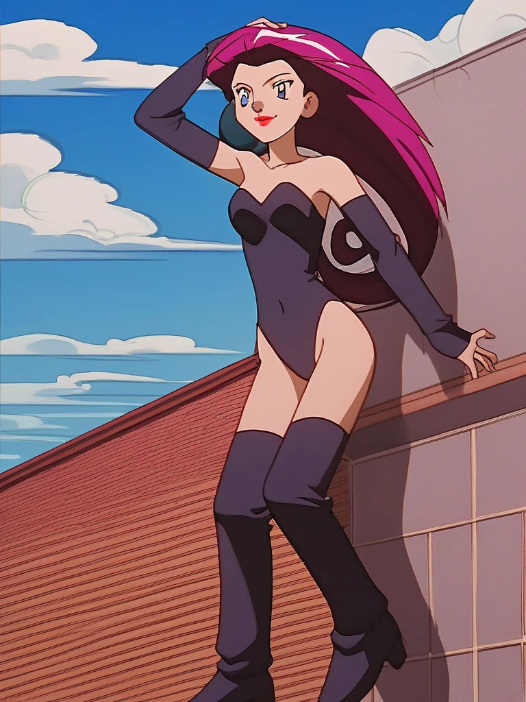 score_9, score_8_up, score_7_up, Thornhex, black hair, red highlights , SD90style, retro artstyle, source_cartoon, red nails, blue eyes, red lips, long hair, looking at viewer, breasts, lipstick, makeup, red bikini, ass, from behind, seductive