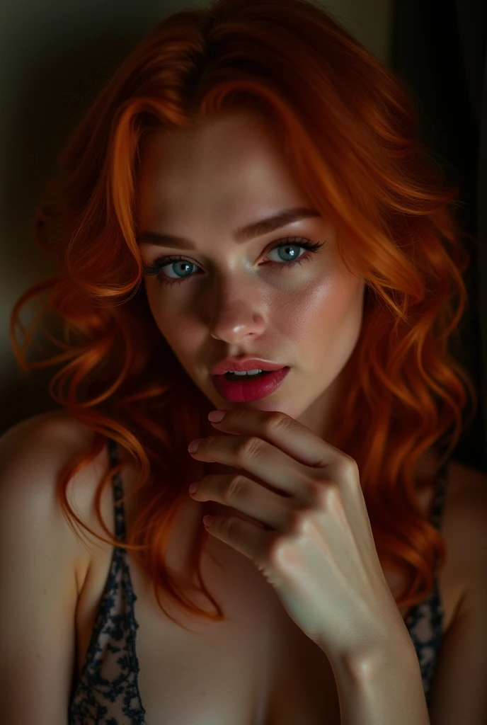 ultra realistic, photography, long straight red hair, (30 years old, hourglass figure, perfect body, natural medium breasts), femme fatale, Long eye lashes, flirty eyes, Award Winning Glamour Photograph extremely detailed award winning glamour photograph, front lit, HDR, wBest Quality, Masterpiece, Ultra High Resolution, (Realisticity: 1.4), Original Photo, 1girl, Pink Off-the-Shoulder, Cinematic Lighting, her hands are touching her face, seductive smile