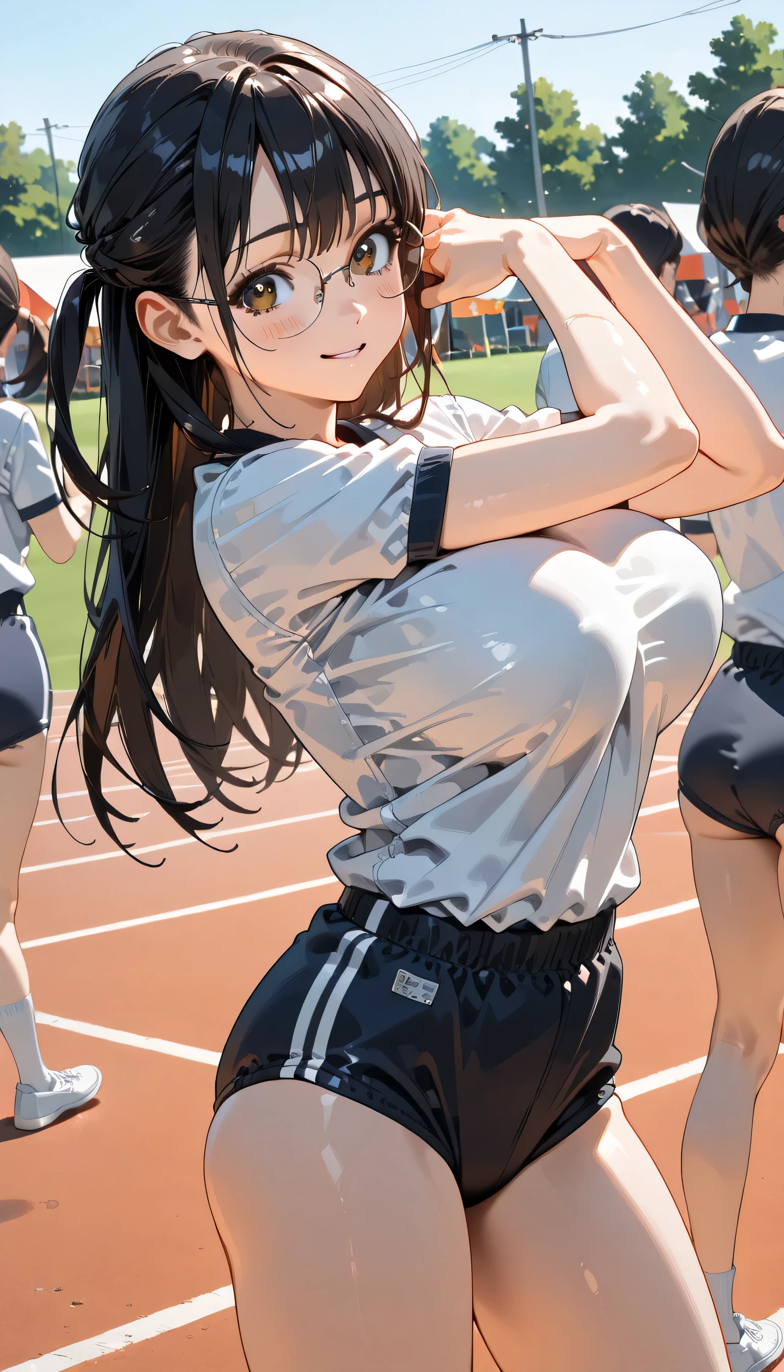 ((ultra-detailed)), (highly detailed CG illustration), (best quality:1.2), ultra-highly detailed, colorful composition, artistic photoshoot, 1girl, solo focus, ((thigh to top:1.4)), ((cowboy shot:1.4)), moe anime character, age girl, dainty facial structure, (baby face), (round face), ((rounded chin:1.2)), ((ideal ratio body proportions)), celia-default, celia claire, (blue eyes), sparkle eyes, ((wearing glasses)), g-boston19A, glasses, black hair color, long hair, half updo, (hair ribbon with red), see-through nipples, ample breasts, (navy blue school gym buruma), ((smile)), ((blush:1.4)), ((doing radio calisthenics:1.4)), girls doing radio calisthenics, ((standing on the school Athletic Festival:1.4)), from front, dynamic pose, contrapposto pose, best quality, expecting, pink cheek, blush, light pink gloss slip, portrait, depth of field, sparkling sunlight, lighting, backlighting, (shine), lighting, caustics, ray tracing, perfect face, lustrous skin, highly detailed face, highly detailed eyes, perfect face, perfect nose, perfect hair, perfect eyes, perfect anatomy, beautiful hair, beautiful small face, extremely detailed face, beautiful detailed eyes, beautiful clavicle, beautiful body, beautiful huge breasts, leavage, breasts squeezed together, equalize the size of the left and right breasts, beautiful thin thighs, beautiful legs, beautiful fingers, ((4 fingers)), 1 thumb, lovely, (very detailed background:1.0), (highly detailed background:1.0), summer aesthetic, intricate details, festival atmosphere, summer colors palette, chromatic aberration