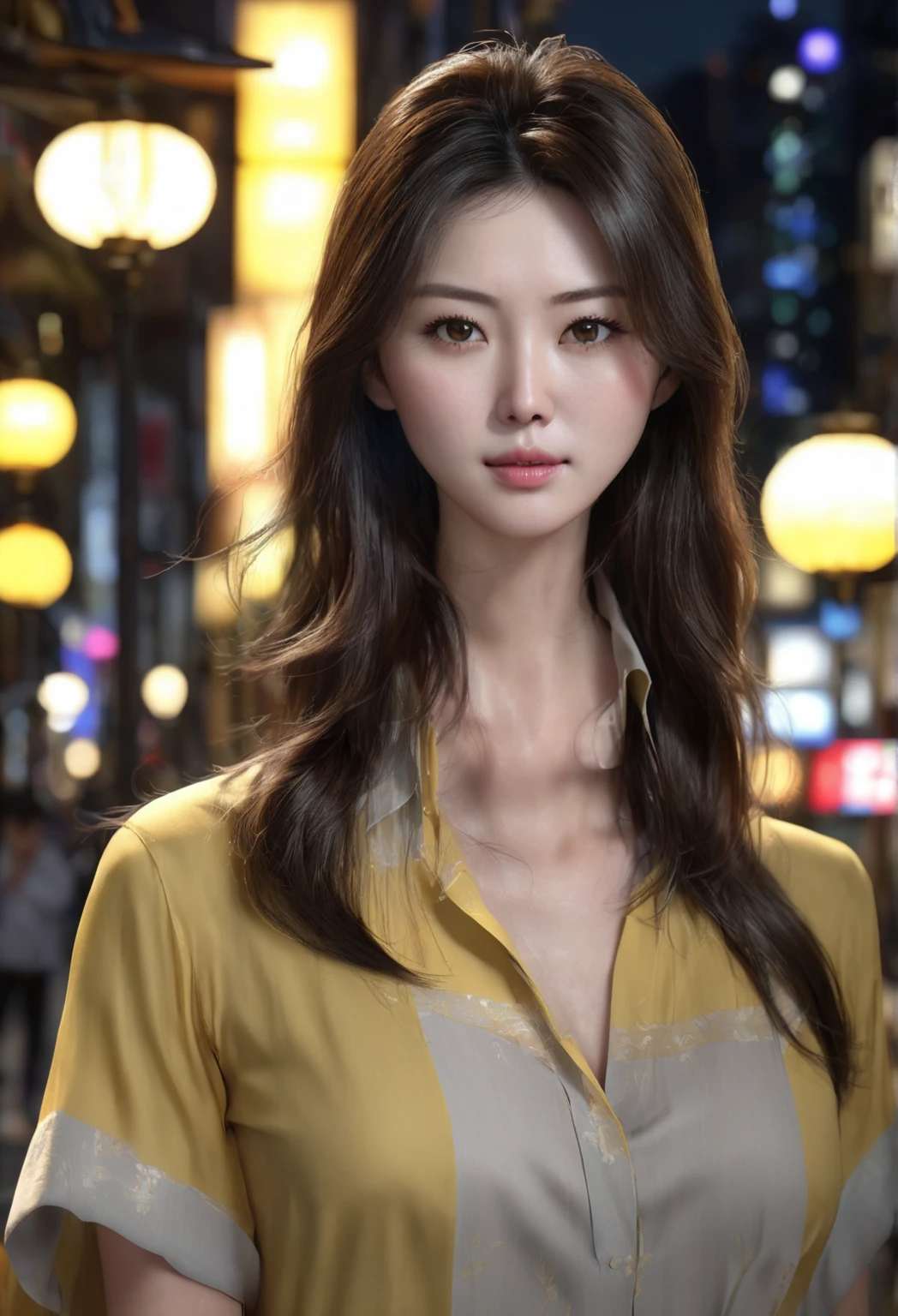1 woman, , is Japanese, is inside a city at night, wears a modest dark yellow blouse, feminine white gray eyes, clear and detailed skin, , very long straight dark brown hair, , dramatic lighting, cinematic composition, dark palette, dark colors, atmospheric haze, thin chin, serious face, serious face, beautiful woman, very beautiful, adult woman, ultra realistic, adult woman, gentle face (best quality, 4K, 8K, high resolution, art: 1.2), ultra detailed (realistic, photorealistic, photorealistic: 1.37)