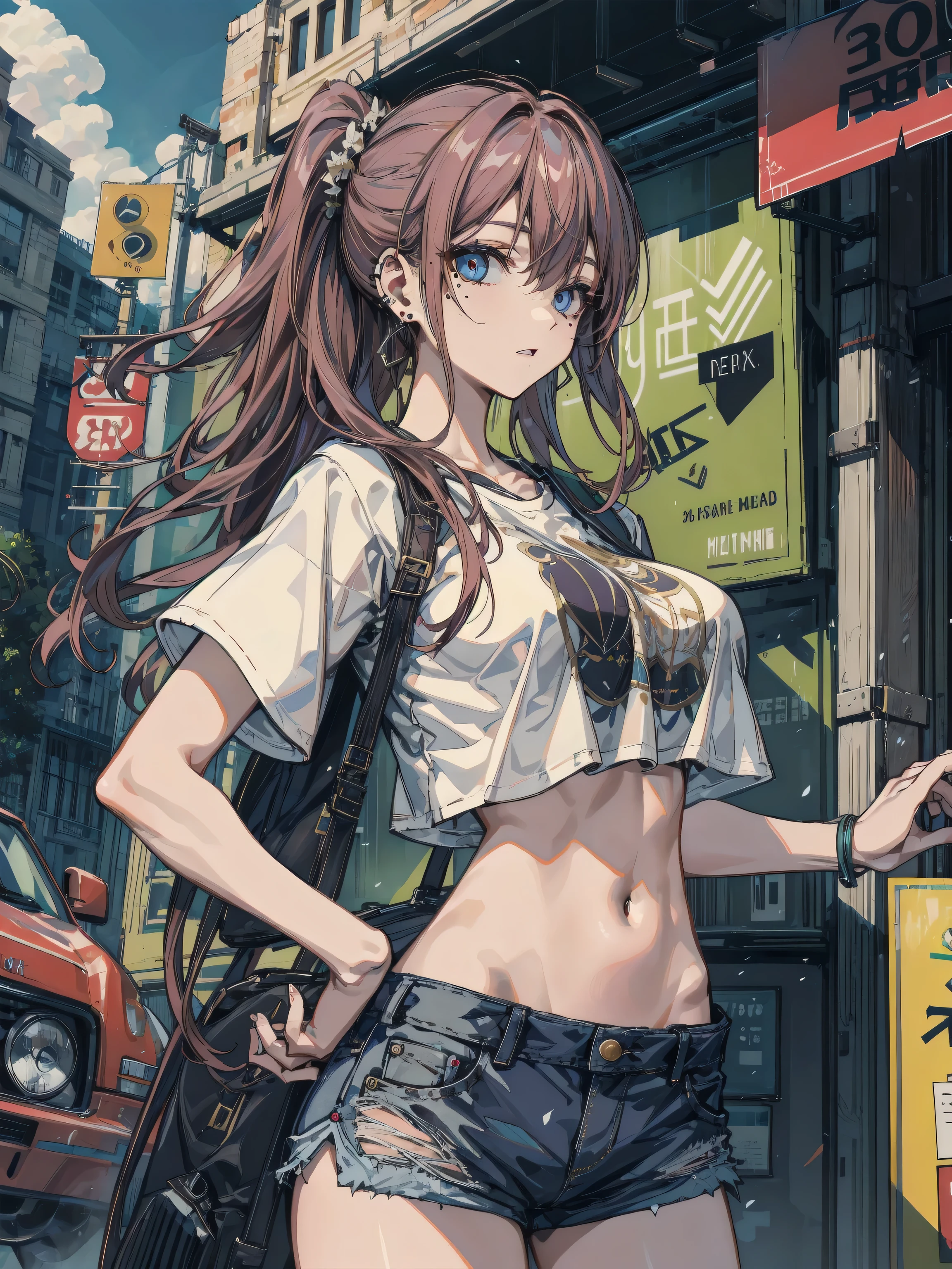 1girl, medium auburn hair, blue green eyes, small ???????, wearing teal crop top, black skirt, futuristic city, absurdres, high res, ultrasharp, 8k, masterpiece, looking at viewer