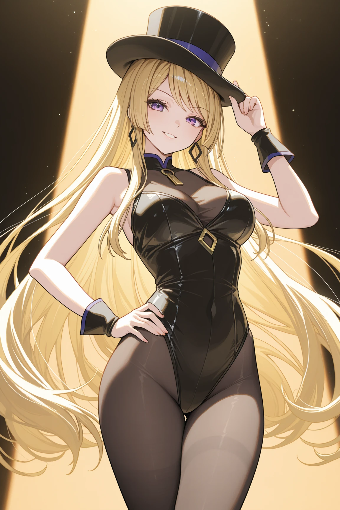 masterpiece, best quality, ultra-detailed, 1girl, solo, looking at viewer, (curvy:1.1), small breasts, (breasts apart:1.3), tavern, elf, long blonde hair, bangs, blue eyes, see-through, no bra, off-shoulder, perky boobs, cleavage, white see-through mini dress, under boob, choker, thigh high boots, night time, no sleeves, wide hips, detailed hands, sexy, see-through top, transparent outfit, accurate fingers, hands out of frame, hands behind back, blonde ponytail, bangs