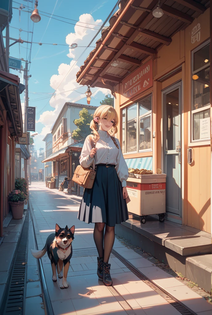 1 baby girl walking with a dog on a street many of flower both side --auto --s2