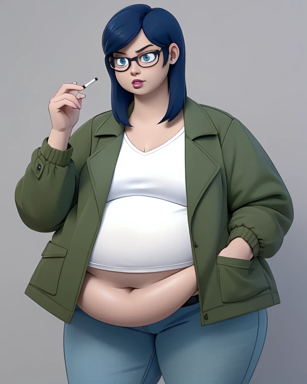 art by kipteitei, 1girl, dark green hair , hair in pony tail, big plump belly, pretty face, nose, lips, beautiful eyes, glasses, (best quality, masterpiece, 4k, sharp focus), professional photograph, sharp focus, dramatic, award winning, cinematic lighting, octane render, unreal engine, volumetrics dtx,