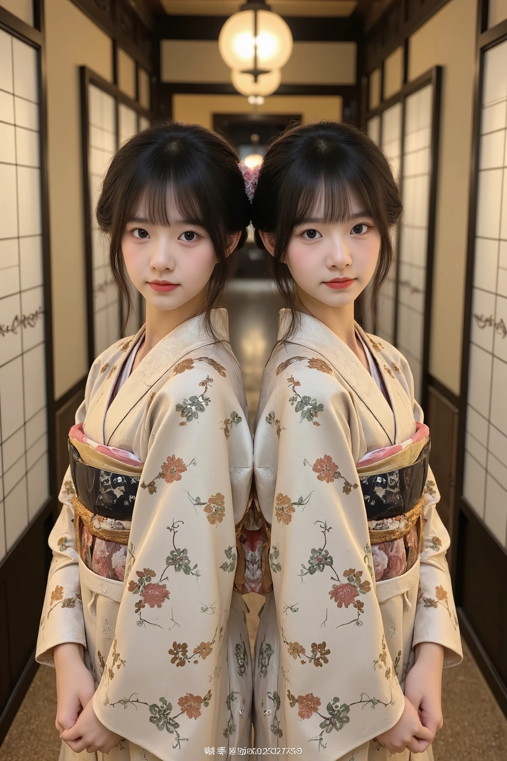 > Two identical 18-year-old Japanese twin girls from the Edo period, portrayed as noble and refined ladies-in-waiting. They are dressed in matching luxurious silk kimono with traditional floral designs, and their identical features—fair skin, almond-shaped eyes, and long black hair styled in elegant traditional updos with kanzashi—create a striking mirror image. They stand side by side in perfect harmony, inside a softly lit corridor of a Japanese palace, with shoji doors and paper lanterns casting warm light. Their posture is graceful and formal, reflecting quiet strength, discipline, and high status within the household.