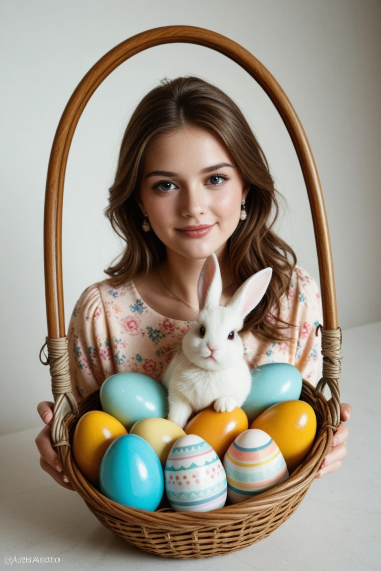 basket full of ornately decorated Easter eggs, girl cuddling a laughing rabbit, vivid colors, realistic cinematic film still, photography in the style of detailed hyperrealism photoshoot, UHD