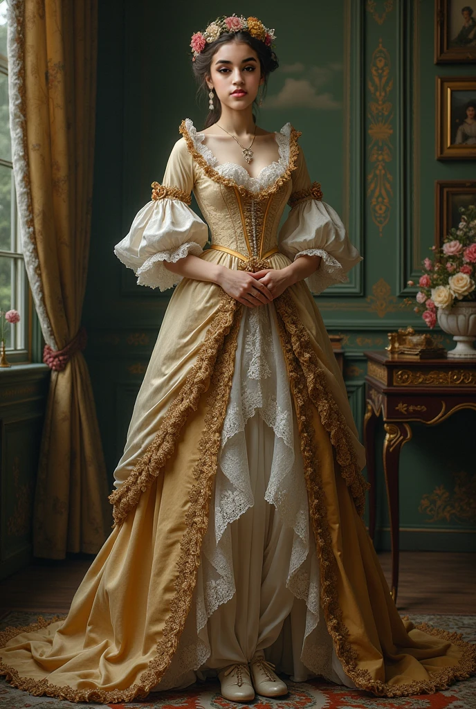an oil painting、top-quality、masterpiece、1girll、Dresses from the Belle Époque era、Noble lady、French cityscape、Marie Antoinette、Lady、