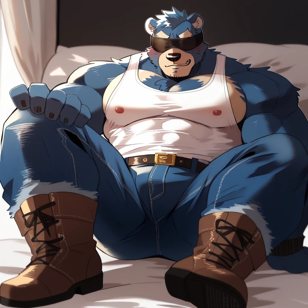 a giant gigantically muscular white and white white anthro sergal sitting on a sofa. looking down at the viewer, wearing tank top and grey sweatpants, cigarette in hand, gigantic hyper giant penis and balls bulge hanging heavy, shiny velvet white fur, huge round pecs, , massive arms, big thick thighs, broad shoulders. belly , legs wide, small head, huge black glossy nipples pierced, big long tail, looming over huge over viewer, view from below, wide angle lens, liviing room setting, by darkgem