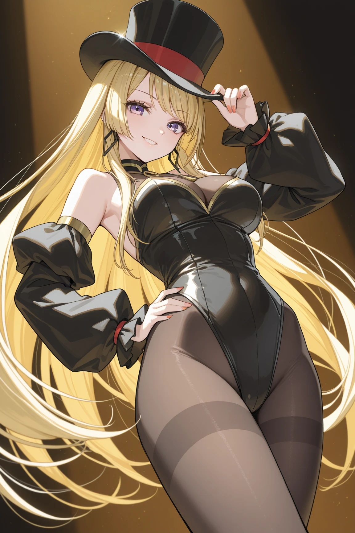 best quality, 1girl adult, slim hips, pale skin, blond hair, medium hair, straight hair, light blue eyes, extra big overflowing breasts, black bunnygirl outfit with fishnet pantyhose and white cuffs