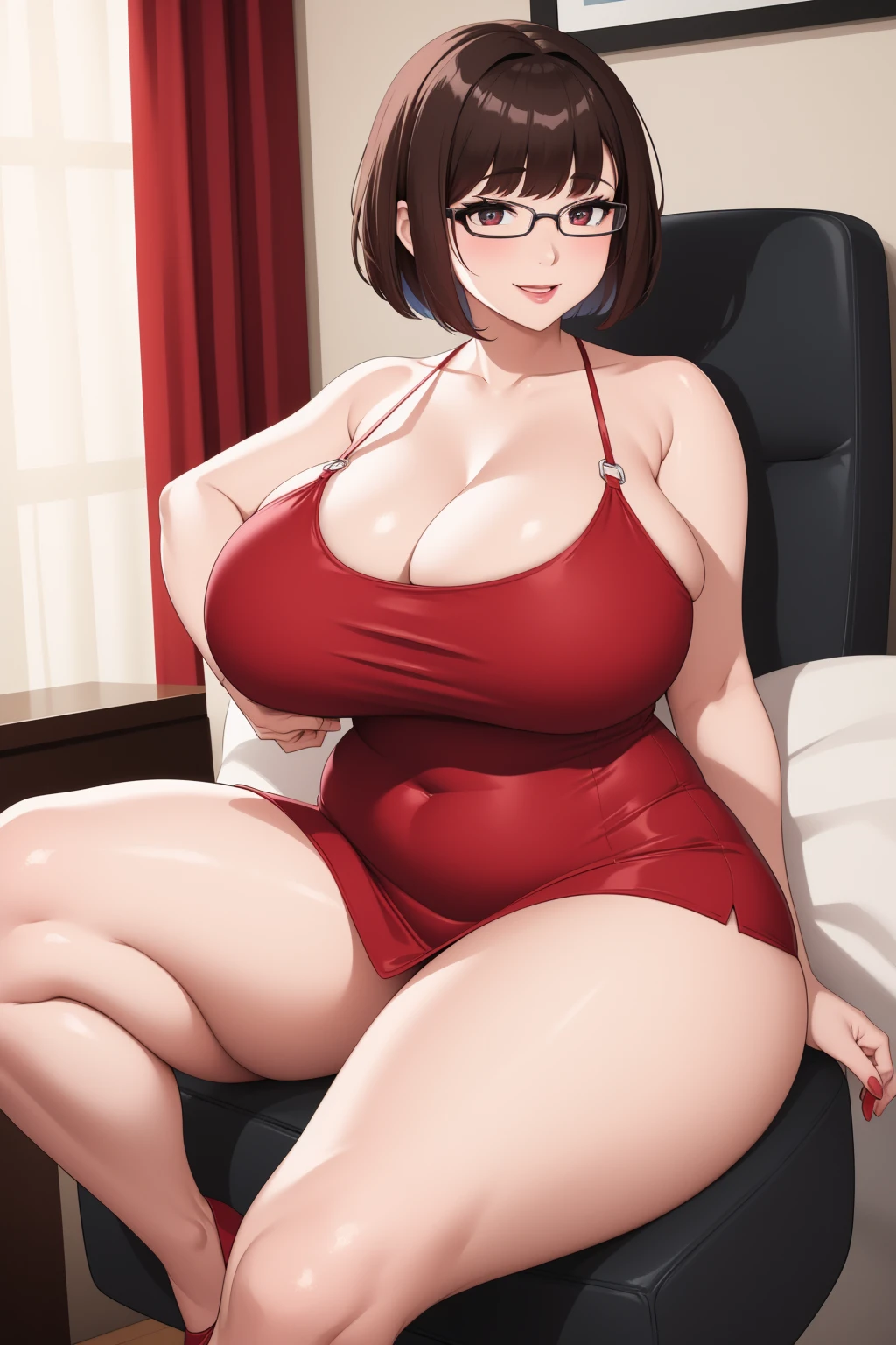 Beautiful woman, she is extremely tall with dark red updo hair, jewelry, she is wearing white gown and robe, she has huge breasts and giant butt, very strong legs, cleavage, extremely voluptuous, extremely curvy, she is holding her husbands hands, she is shocked, hourglass figure, ((((extremely wide hips)))), insanely thick thighs, very long legs, she just woke up from bed, luxurious house, she is is getting ready to hop into her pool