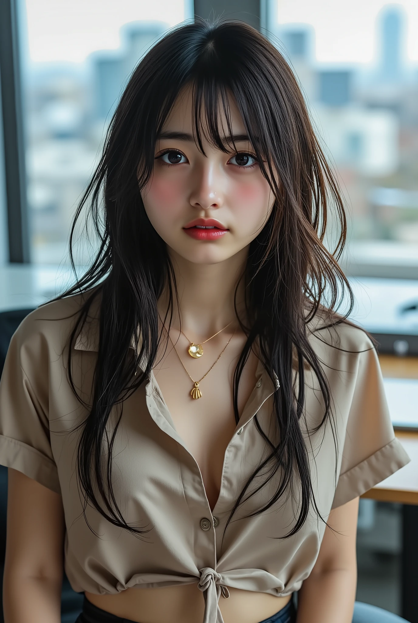 (Canon), (EOS R5), (85mm), ( No Lens Flare :1.5), ((解剖学的にaccurate人体構造)), (超high resolution), (masterpiece), accurate, (realisticな質感の肌), Super Detail, High Detail, High Quality , winning work, 最High Quality, 32K, depth of field, digital camera, award-winning glamour photo , professional writing, ((最High Quality:1.5)), ((masterpiece:1.5)), ((realistic)), high resolution, (Sometimes Wears a Black Suit), ((高層ビルにあるCompany Officeでの全身撮影 :1.5)), (( beautiful and beautiful, 23 year old Japanese secretary)), ((beauty secretary)), (College Graduated and Highly Educated), (Elegant and High Class, (super elite secretary wearing a short-sleeved beige blouse), (Company Office), Perfect looks, pretty and fluffy brown medium hair, ((very sexyなポーズ)), charming beauty, Seductive Poses, height 158 cm, (slim figure), ( beautiful shaped big bust ), E cup, ((seductive expression)), (Sweat on the forehead), (cheeks turning red due to heat and sexual arousal), ((showing her sweaty cleavage:1.5)), ((sticking her bust forward and showing it here)), ((I can see my beautiful nipples and large areolas)), ((the beige blouse is sweaty and the gorgeous black lace bra can be seen through)), (Tight, thin waist), (beautiful brown medium hair :1.5), ( very cute smile:1.5), Stylish Gold Earrings, Stylish gold necklace , Detailed facial features, Extremely detailed body, (Extremely detailed and realistic skin :1.5), ((Extremely Detailed Realistic Brown Eyes:1.5)), (( extremely sexy beautiful eyes :1.5)), (( extremely detailed attractive and moisturized lips :1.5)), (( beautifully shaped big bust :1.5)), (( catchlight in the eyes )), ((Extremely Detailed, Attractive, and Moisturized Lips:1.5)), (( white teeth beautifully arranged )), Highly detailed , Working in an office,(the front button on the beige short-sleeved blouse is removed to show off cleavage and a black lace bra:1.3), (wearing a dark blue suit on the back of a chair), Wear Black Leather High Heels,Women in white shirts, wears a dark blue tight skirt, wearing black stockings There are, ((Panties with Earhooks)), (Sometimes Standing Next to a Desk), (Laptops, smartphones, documents, files, pens, etc. are arranged and placed on the desk), You may be sitting cross-legged, bright atmosphere, ((very sexy)), ((Cool Beauty)), beige short sleeve silk blouse, may show luxurious black lace panties, ( show your hands as little as possible )), accurate手の形,accurate手の指の形,accurate手の指の数,5 fingers on one hand , accurate脚の形,accurate足の指の形, accurate足の指の数, Five fingers on one foot, ( color temperature 5500K ),