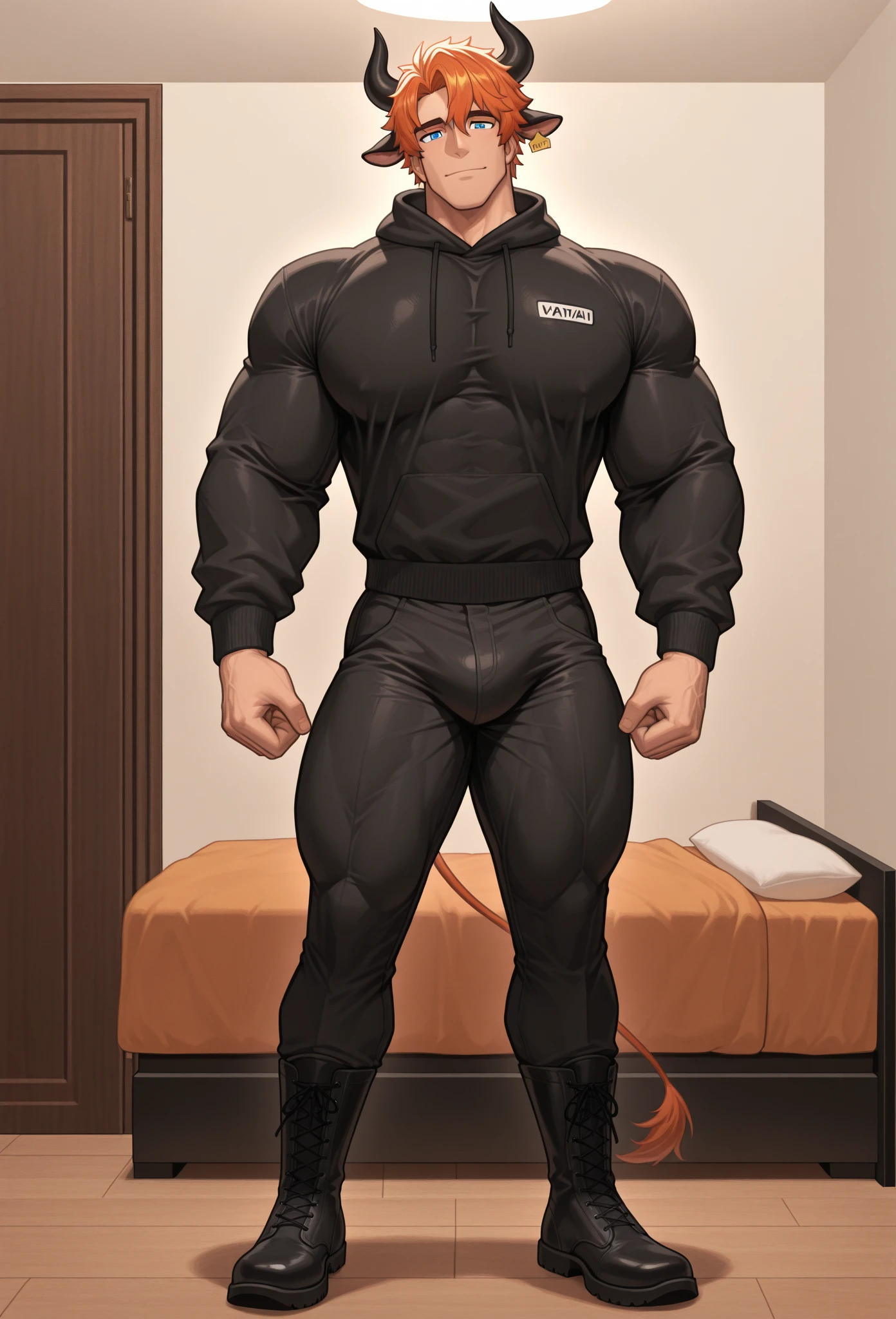 (tmasterpiece,best qualtiy:1.2),独奏,malefocus,1boy,Iskandar stood on the table, male,big muscular male,dark-brown skin,pelo rojo corto,Red beard,Red body hair,There are nasolabial folds on the face,Large muscles,massive pec,Thick armpit hair is revealed under the armpits,((Crotch bulge)),The crotch of the trousers reveals a thick red,looking at viewert,both hands on hip,Wear a vest,Have a bath towel on your body,Red thong,Thick thighs,Wide buttocroom Interior Background,Red body hair,Soft shadows,Soft light,low-contrast