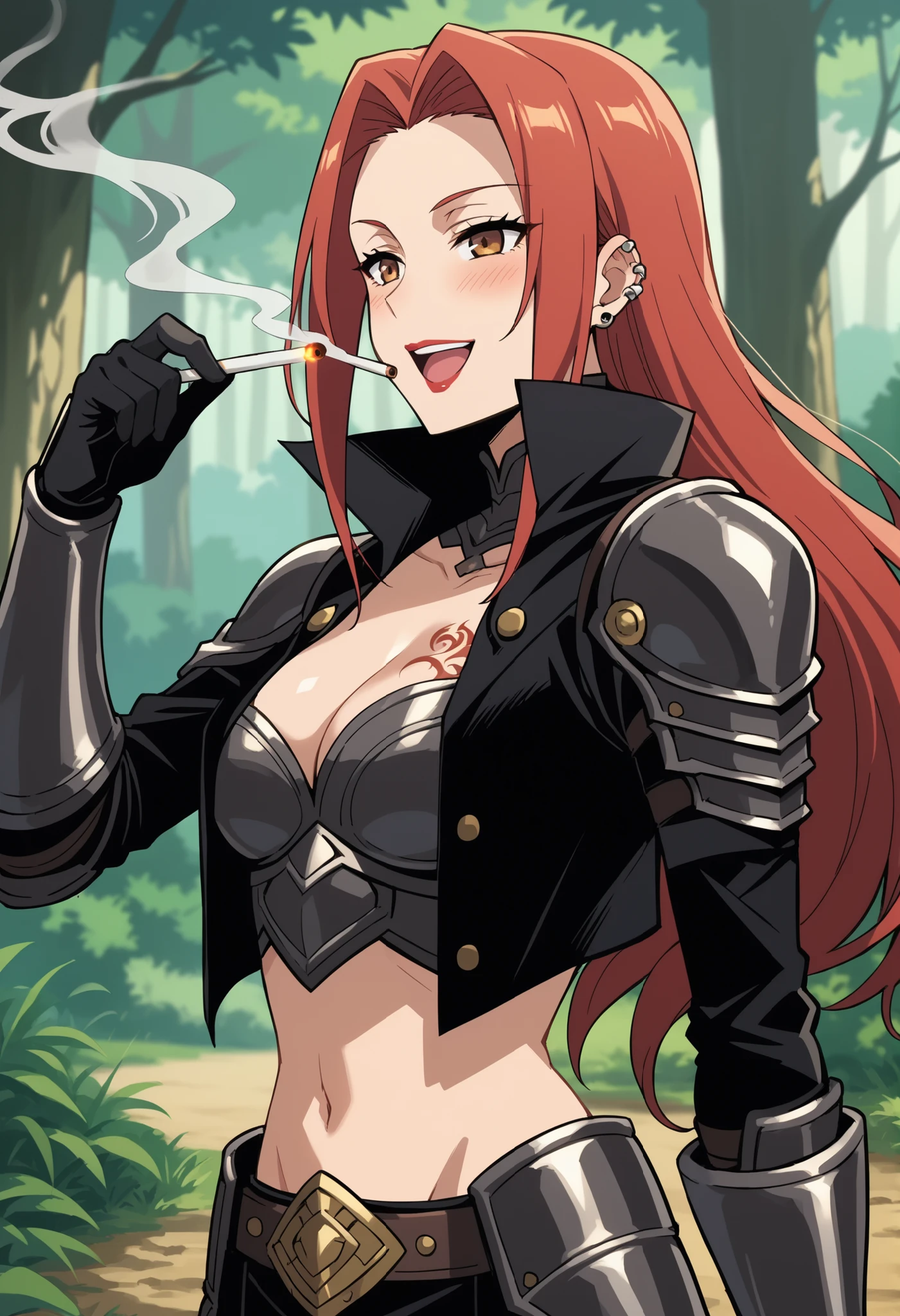 score_9,score_8_up,score_7_up,score_6_up, source_anime, girl, dynamic pose, akari_shimizu_sl, red hair, , parted hair, , brown eyes, black coat, black armor, high collar, black gloves, black armguards, forest, vegetation, nature, ear piercing, long hair, blush, lipstick,Hot girl, baddie, smoking, sensual, attractive, ,navel, bellybutton, exposed navel, exposed bellybutton, smile, cleavage, open mouth, waist dragon tattoo, narrowed eyes, tattoo waist, anipai_style , anime screencap , anime coloring