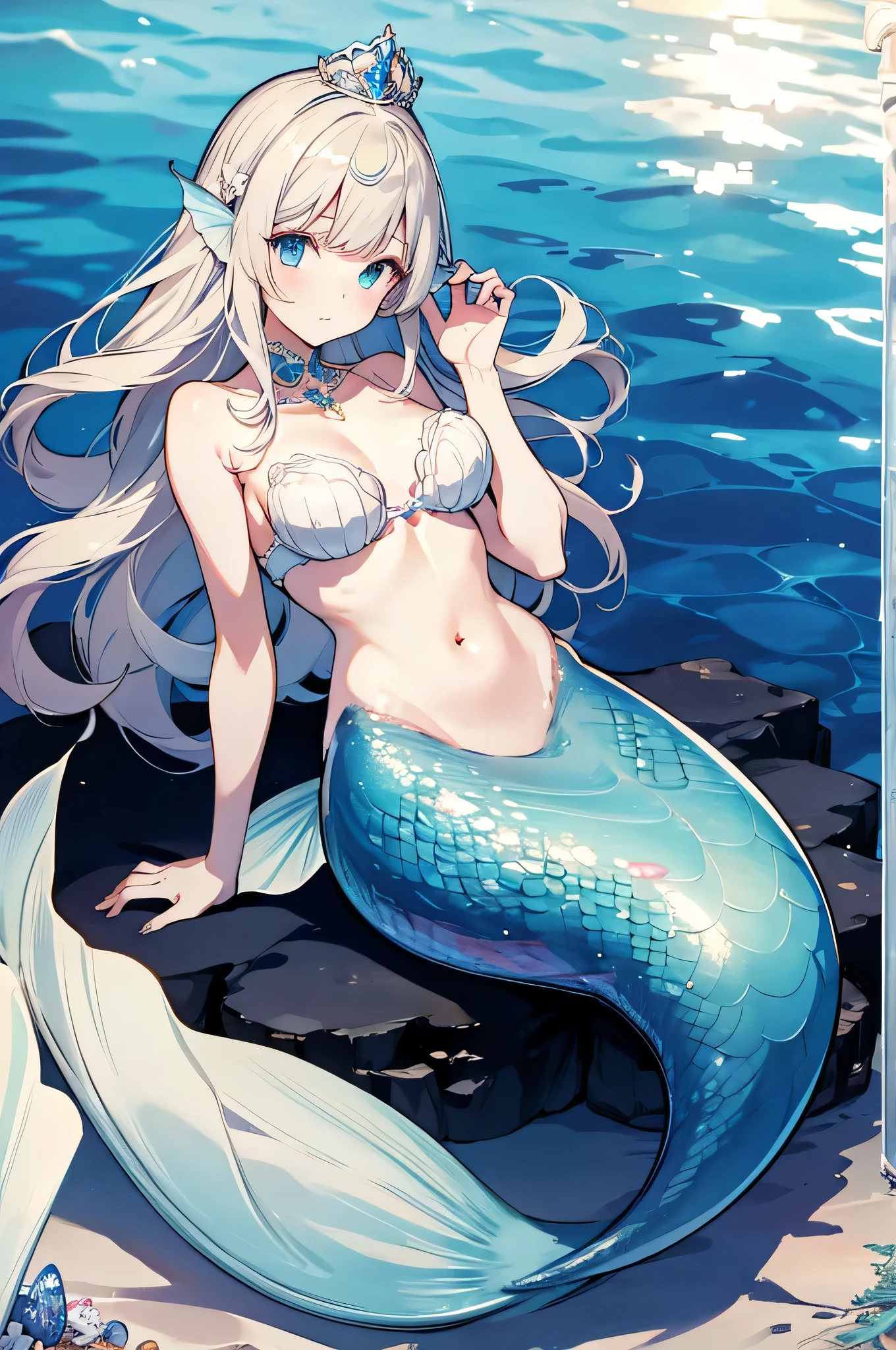 A mermaid lies naked and shows off her genitals.