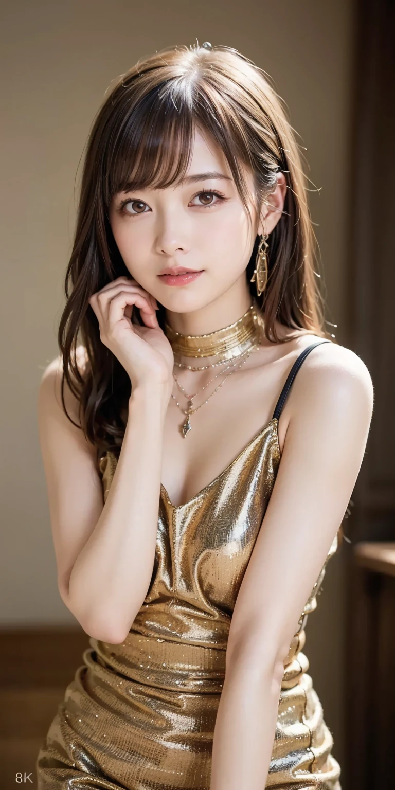 ((Best quality, 8k, Masterpiece :1.3)), 1girl, Pretty woman with emphasizing slender abs :1.3, (random hairstyles :1.2), Oversized tank top :1.2, Ultra-detailed face, Detailed eyes, Double eyelid, armpit,gold suit , shiny body