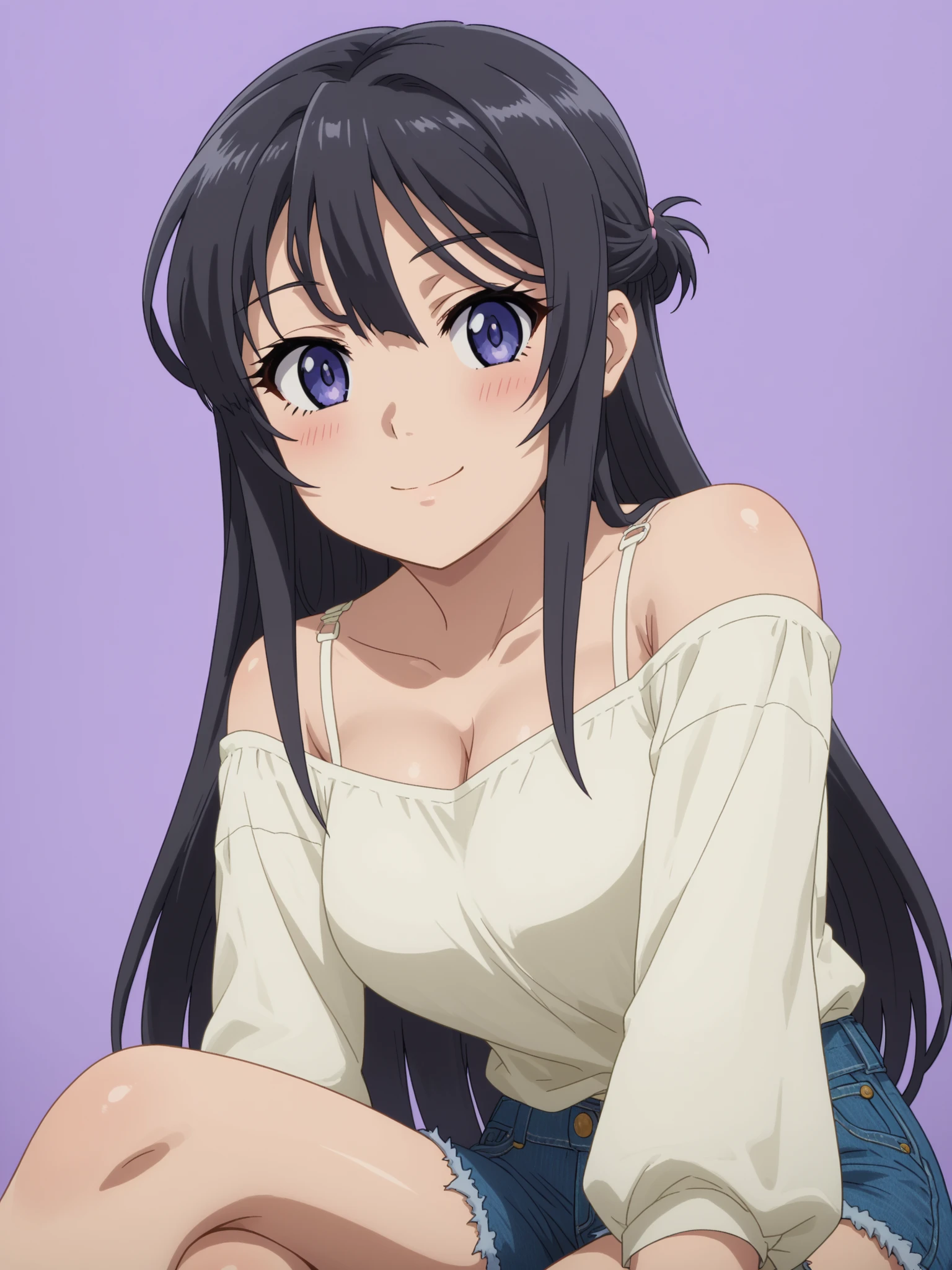score_7_up, anime screencap, anime coloring,
1girl,
long hair, black hair, hair between eyes, half updo, sitting, body facing away,looking at viewer, cowboy shot, blurry background, simple background, purple background, big cleavage, siple backgoround, purple background, low angle view, jean shorts, white top, simple background, purpke background, off shoulder, bent over forward, smile selfie, ((close up view)), (legs crossed), head tilt, blush,
mai sakurajima,