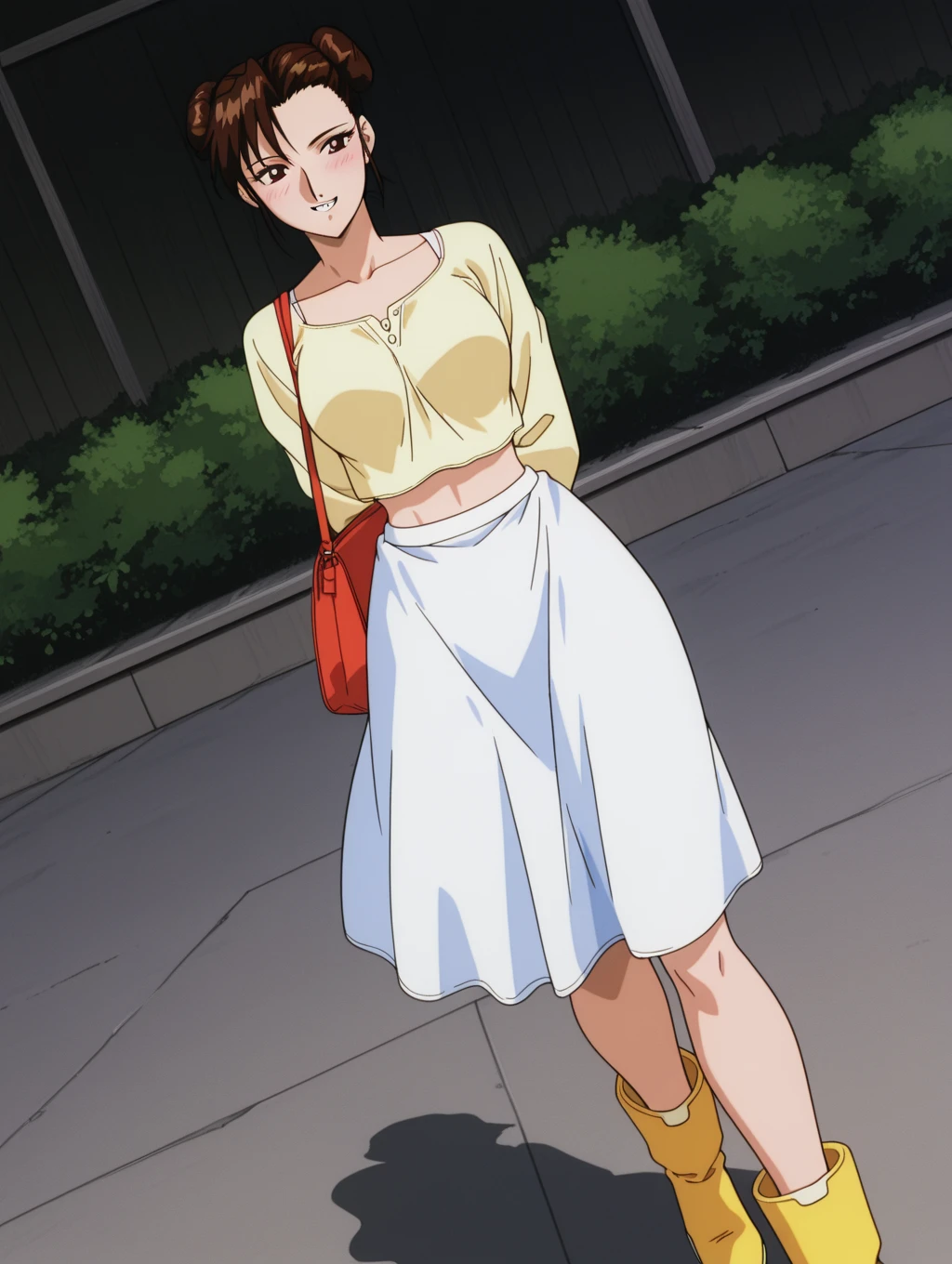 haru1,1girl, (masterpiece, best quality:1.2), topless, tits, Yellow pants Masterpiece, best quality, bangs, brown hair, hair ornament, brown eyes, hairclip, Smiling, (City:1.3), red shoes,