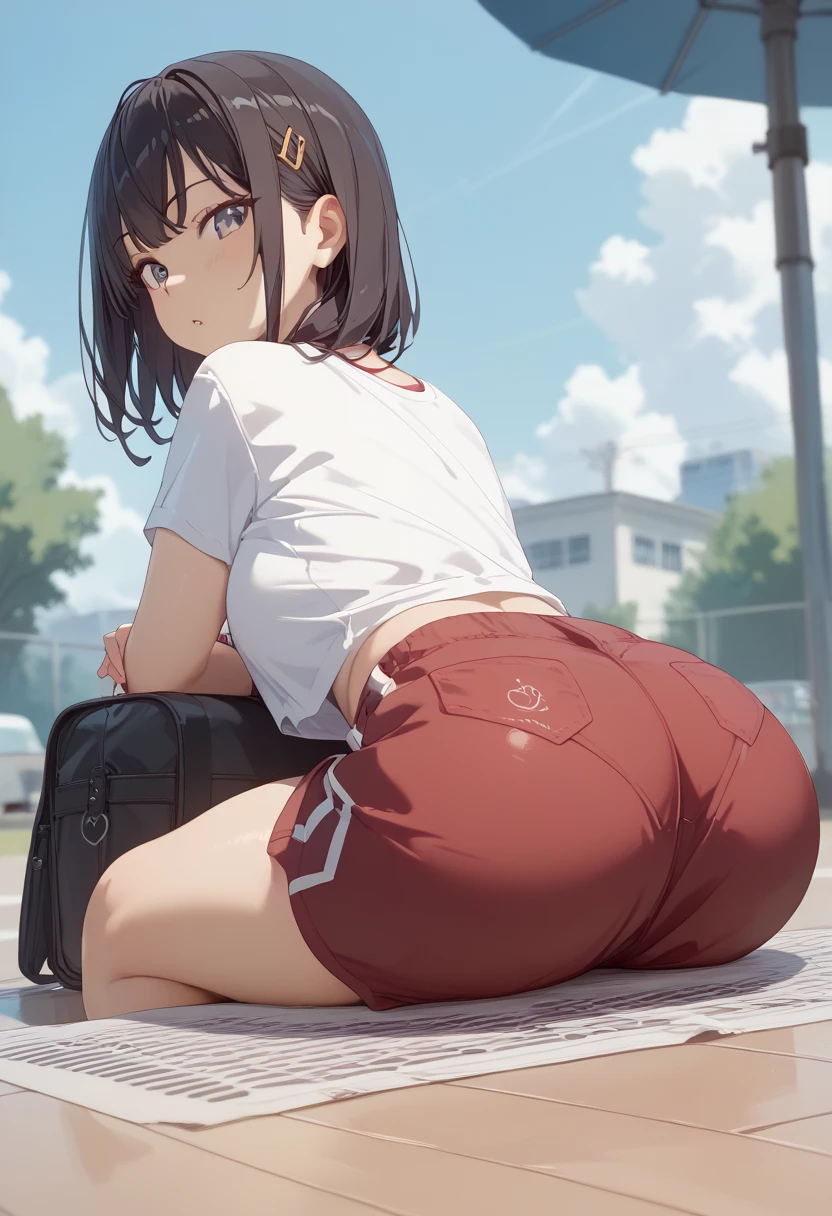 Taeko Kondo、Girls&Panzer、Brown Hair、Short Hair、((Bike Pants))、Photo from below、Medium chest、Bedroom、(Gym clothes with short sleeves)、Red ribbon、Black knee-high socks、Checkered mini skirt、Black Bra