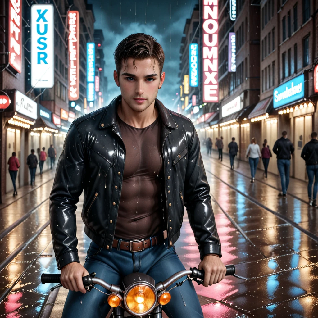 1boy, An incredibly attractive, beautiful young blonde haired man shirtless and wearing tight torn pants on his knees in his yard at night during a rain storm with clouds, lightening and a large moon in the sky behind him. perky nipples <lora:muscle_slider_v1:-1.5> bulgerk-soft