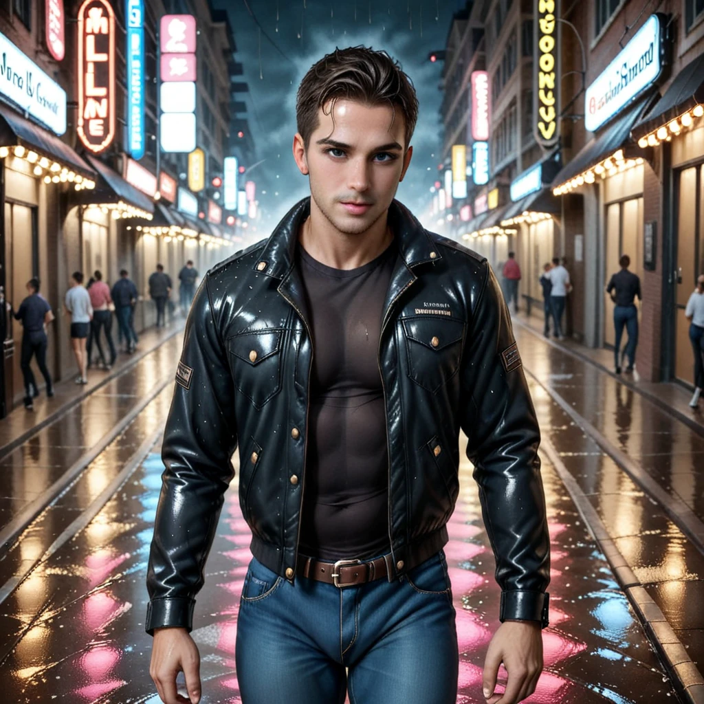 Man in a Latex Suit with six pack abs and topless in a Neon Light City