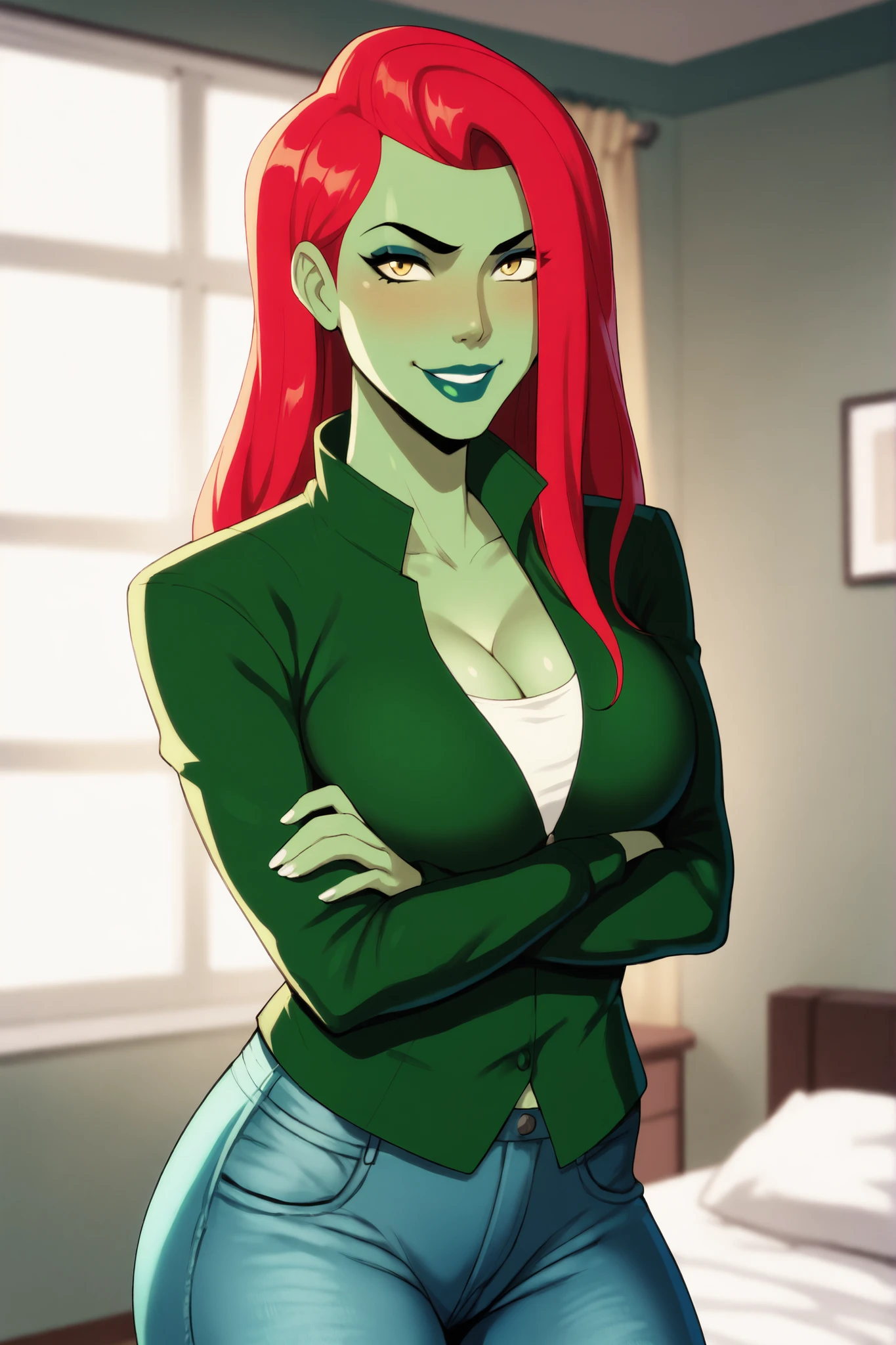 PoisonIvyCartoon, BREAK, score_8_up, score_7_up, score_6_up, score_9, 1girl, lipstick, makeup, large breasts, cleavage, yellow eyes, green skin, colored skin, long red hair, black lips, curvy, athletic, standing, happy expression, smiling, closed mouth, arms crossed, crossed arms, light green leather jacket, light green crop top, light green jeans, indoors, bedroom, looking at viewer