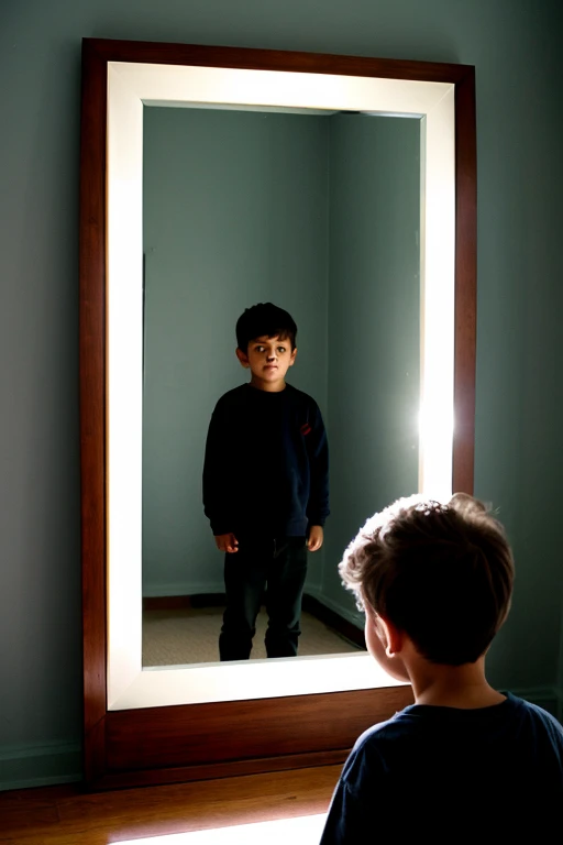 boy, stands near the mirror building