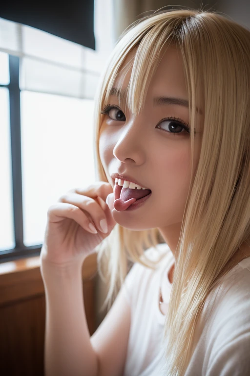Japanese woman, beautiful girl, gal, blonde, baby face, highest quality realistic skin, eyes in focus, 20 years old, sticking out tongue, focus on mouth, open mouth, long tongue, saliva, open mouth wide, inside of mouth visible, open mouth and sticking out tongue
