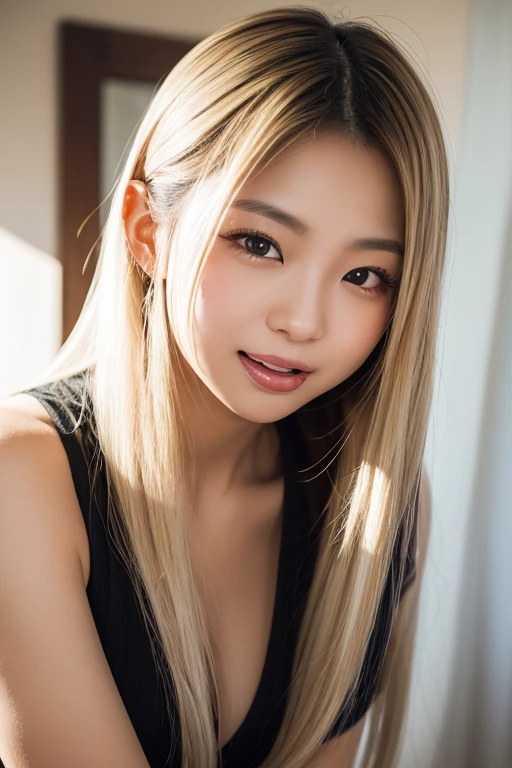 ((masterpiece:1.4, best quality:1.2, highly detailed face:1.2)), (Japanese woman, cute, young,big eyes, blonde hair:1.2, tanned skin:1.2 ,wavy hair),(black camisole,crossed arms),(smirk: 1.2, open mouth: 1.2), (squatting, spread legs),From above