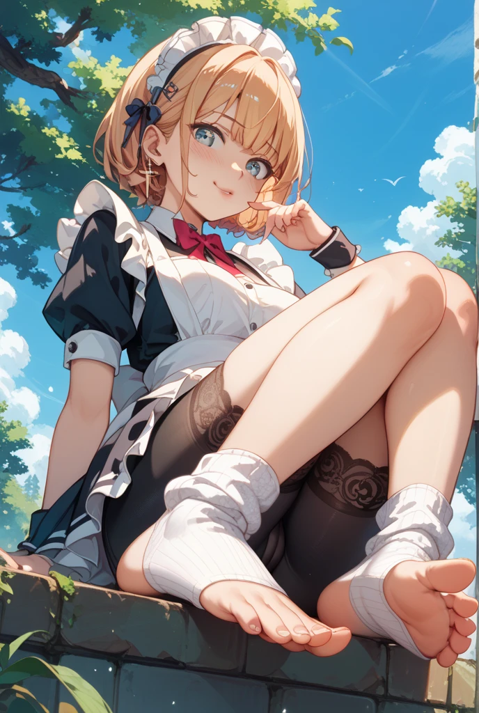 anime girl sitting on a bench with her hands on her hips, anime visual of a cute girl, anime moe artstyle, single character full body, the anime girl is crouching, official character art, akane owari danganronpa, anime full body illustration, anime vtuber full body model, female anime character, anime visual of a young woman, 1girl, blurry background, full body, grey eyes, short hair, halterneck, chaps, lace-up boots, happy, tongue piercing, :d, 