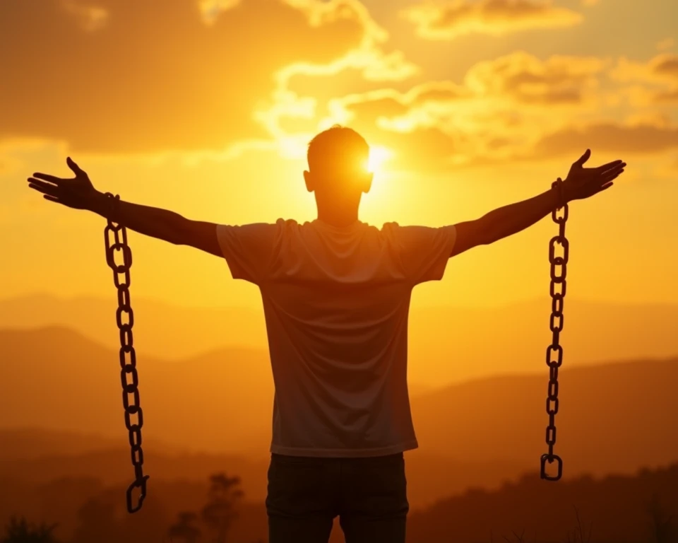 young man alone with beautiful sky at sunset, open both arms with chains on his arms He felt free from the handcuffs tied to his arms