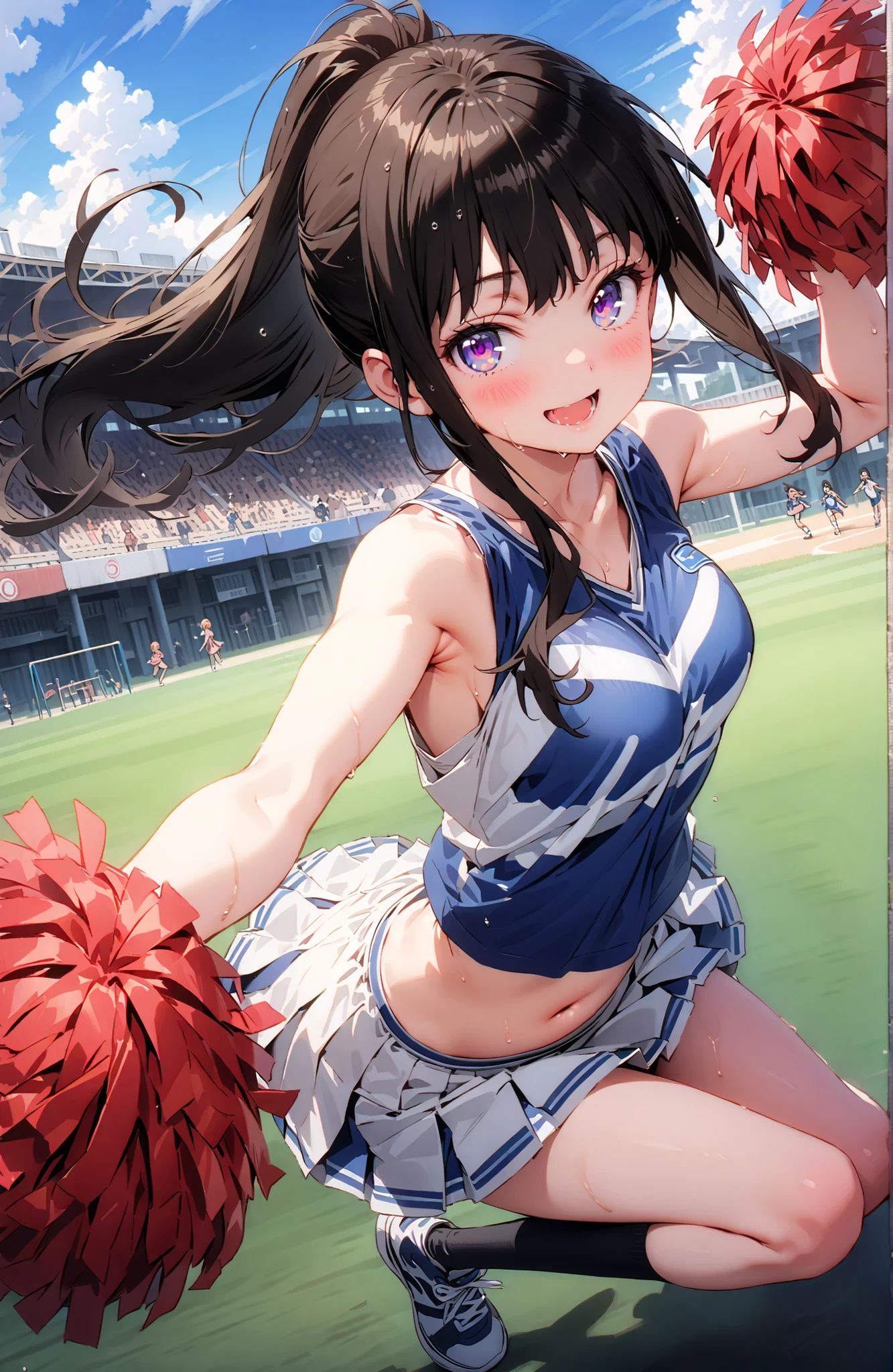 Takina inoue,side lock,ponytail,bungs, black hair, purple eyes,smile,blush,opens her mouth,(cheerleading), (full body), on chest, (sweated), sweated Wet Clothes, (blue clothes),Sleeveless, pleated skirt,black socks,sneakers, belly button out, playground, (jump), (jump), 足を曲げてjumpする, , blue sky, Compa, smile,cheerleader, Pom-pom \(cheerleading\) real hair ornaments,full bodyがイラストに入るように,break looking at viewer,full body,
break outdoors, stadium,
break (masterpiece:1.2), best quality, high resolution, Unity 8Kの壁紙, ( illustration :0.8), (beautiful detailed eyes:1.6), Highly Detailed Face, perfect lighting, Highly Detailed CG, (perfect hand in h, perfect anatomy),